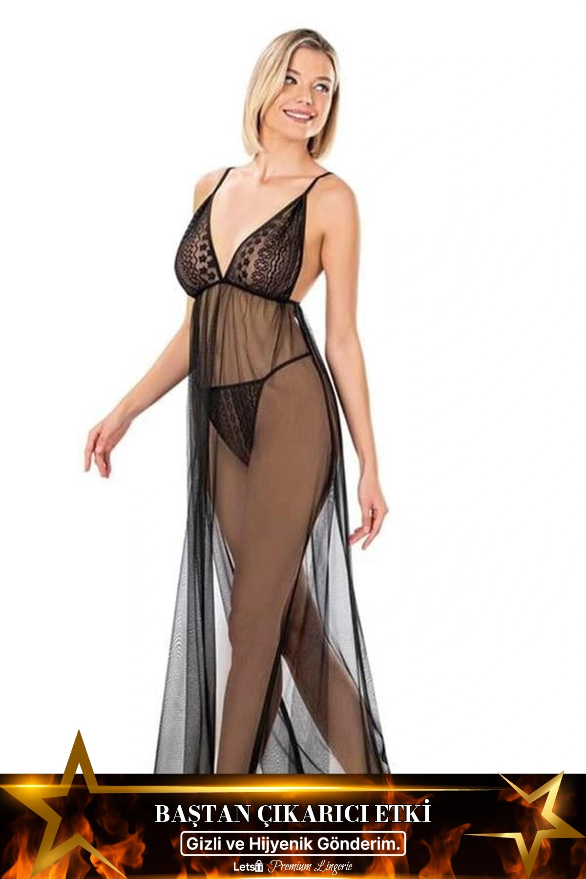 Kısa Tül Gecelik İkili Set Siyah Renk