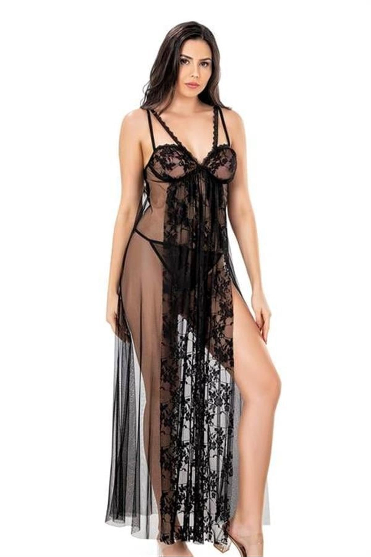 Kısa Tül Gecelik İkili Set Siyah Renk