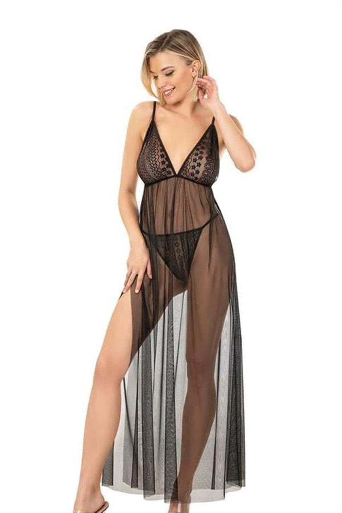 Kısa Tül Gecelik İkili Set Siyah Renk