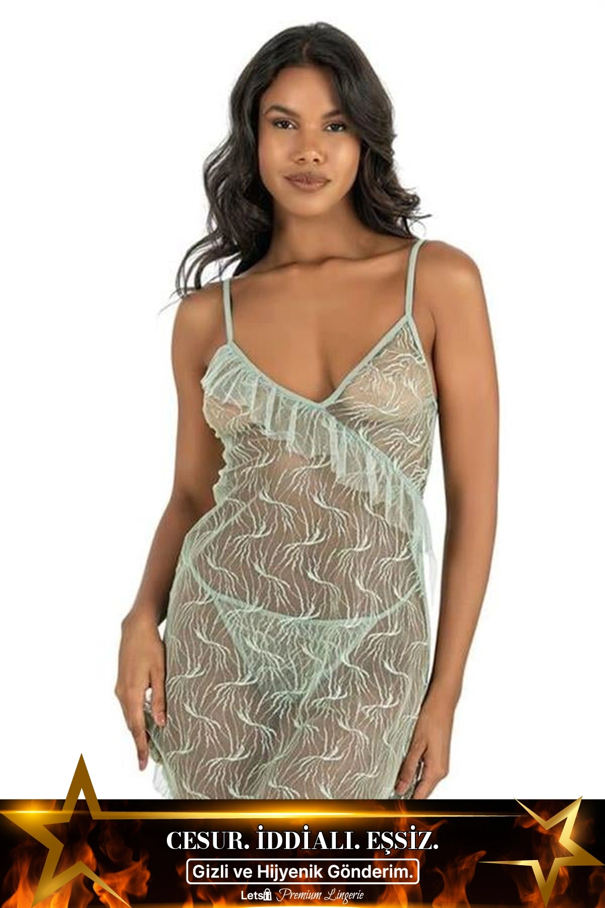 Kısa Tül Gecelik İkili Set Su Yeşili Renk