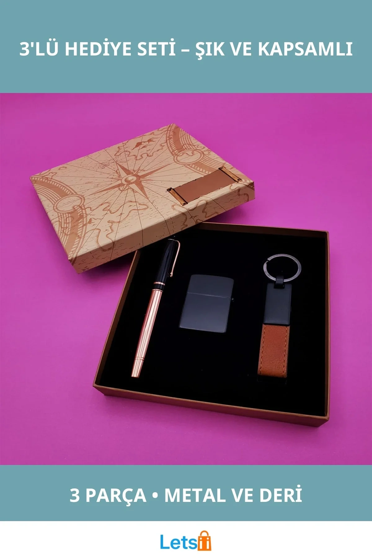 Kişiselleştirilebilir 3lü Hediye Seti Kalem, Anahtarlık, Çakmak