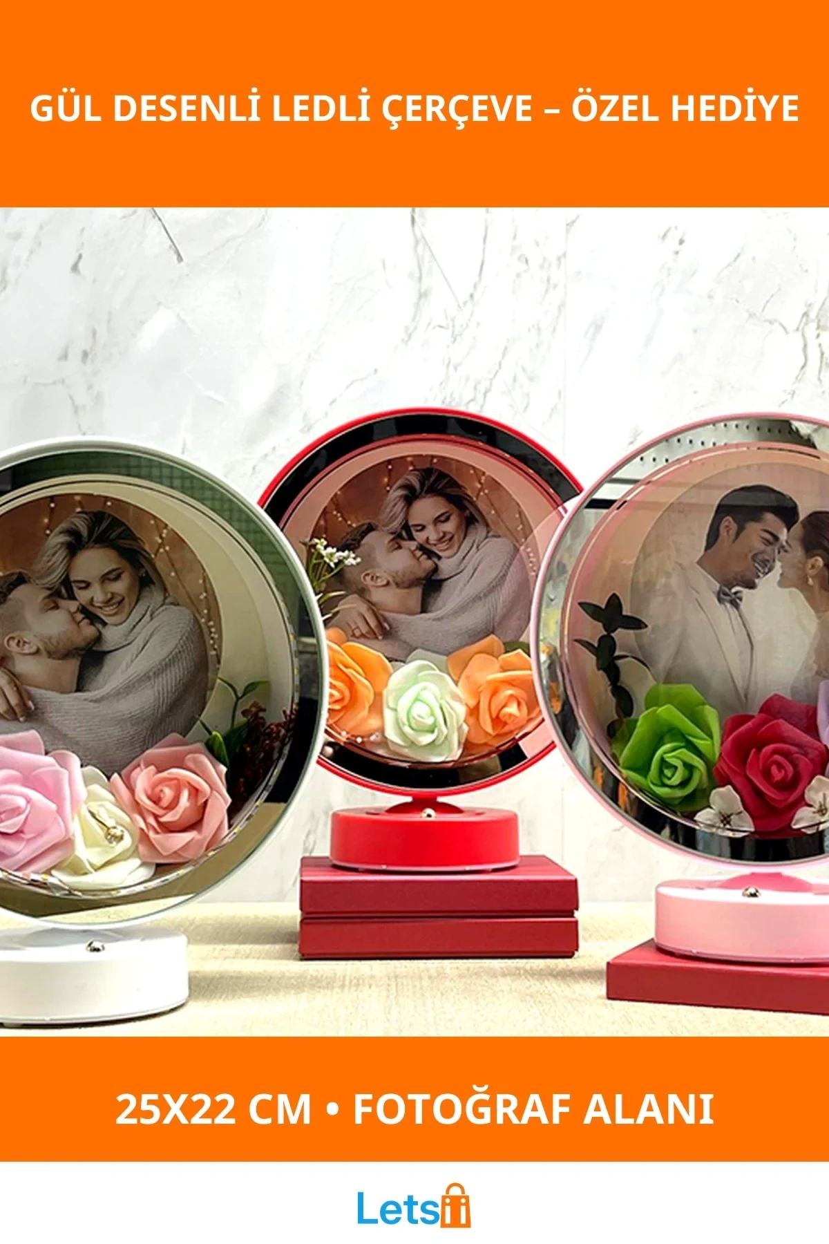 Kişiye Özel Gül Desenli Ledli Fotoğraf Çerçevesi 25x22 cm