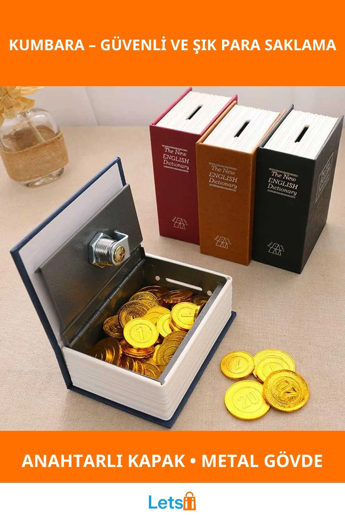 Kitap Şeklinde Mini Boy Kilitli Kasa Kumbara Güvenli Para ve Eşya Saklama