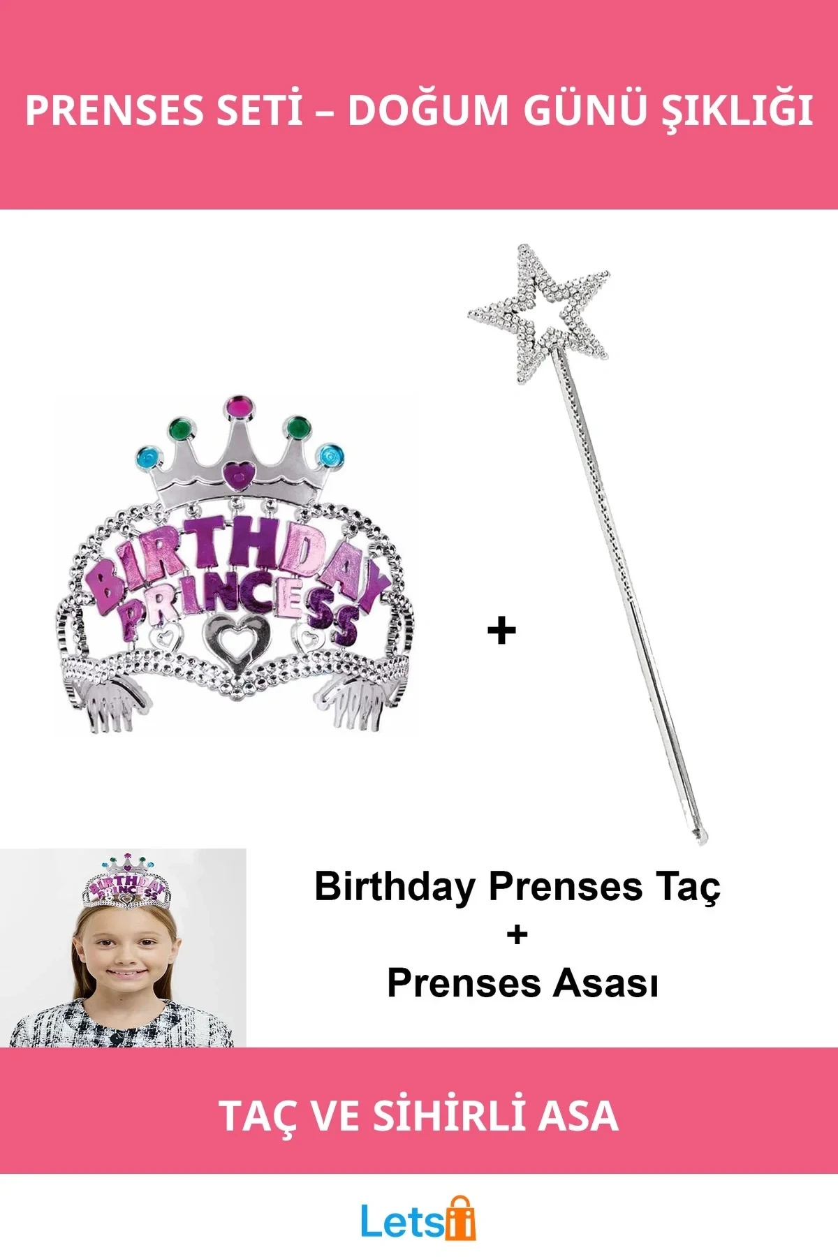 Kız Çocuk Doğum Günü Prenses Taç ve Sihirli Asa Seti