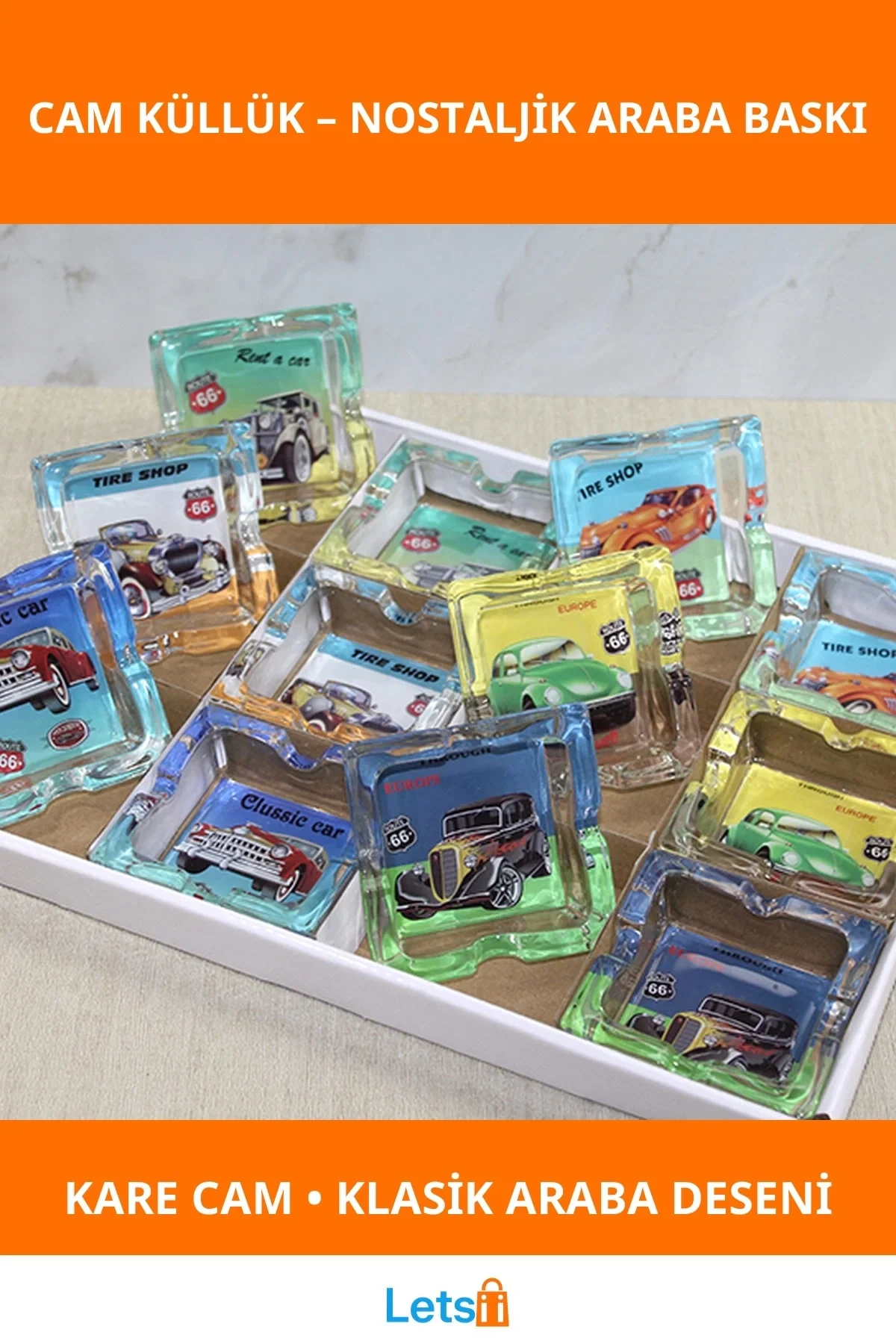 Klasik Kare Cam Küllük Nostaljik Araba Baskılı