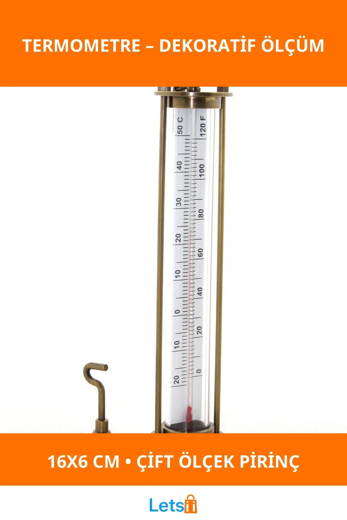 Klasik Pirinç Termometre Antik Vintage 16x6 cm