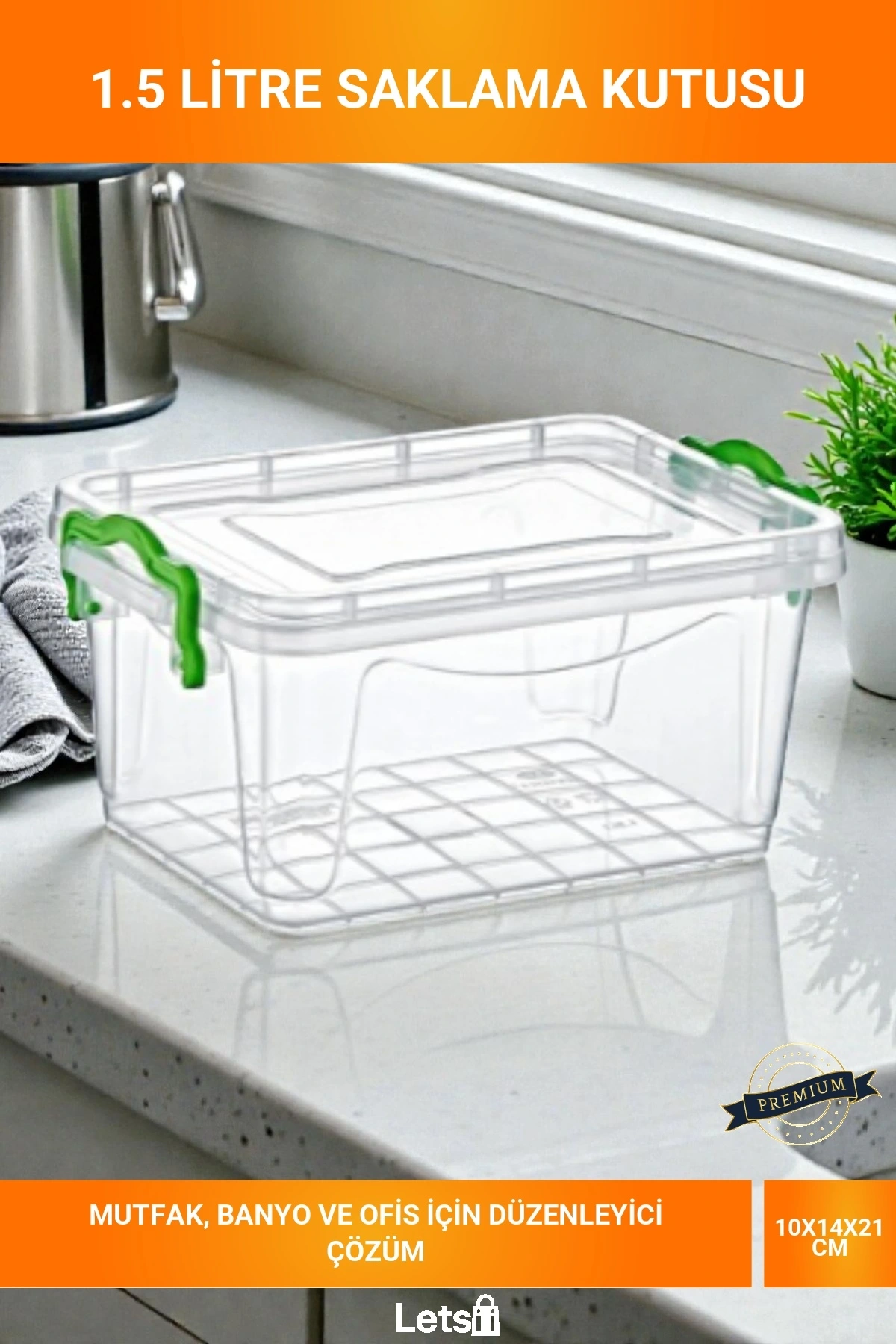 Kompakt Şeffaf Yeşil Klipsli 1.5 Litre BPA Free Gıda Uyumlu İstiflenebilir Düzenleyici Kutu