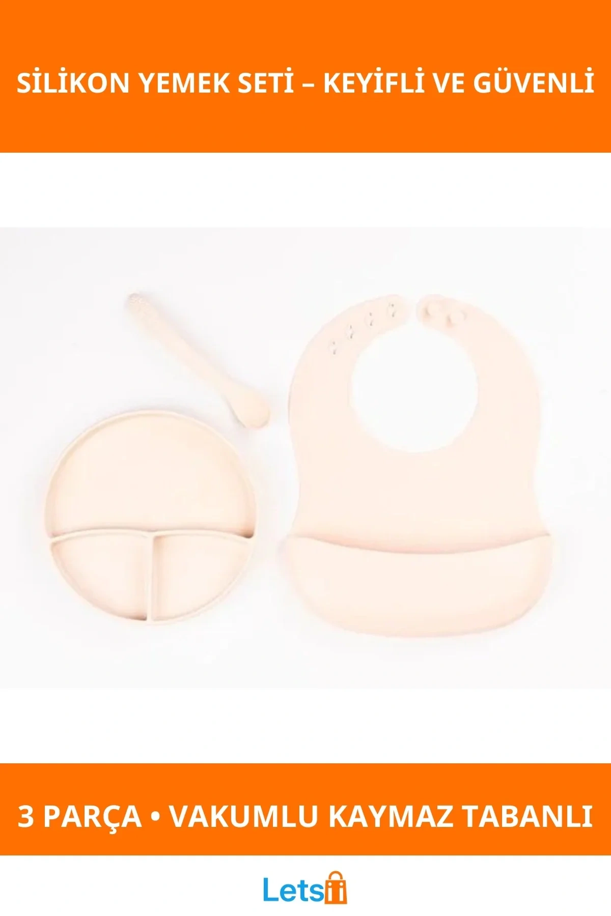 Krem Rengi 3lü Silikon Bebek Yemek Seti Vakumlu Tabak, Diş Kaşıyıcılı Kaşık, Ayarlanabilir Mama Önlüğü