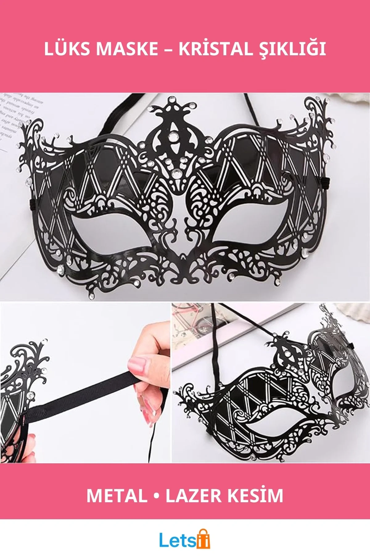 Kristal Gümüş Taşlı Siyah Lazer Kesim Metal Lüks Maske