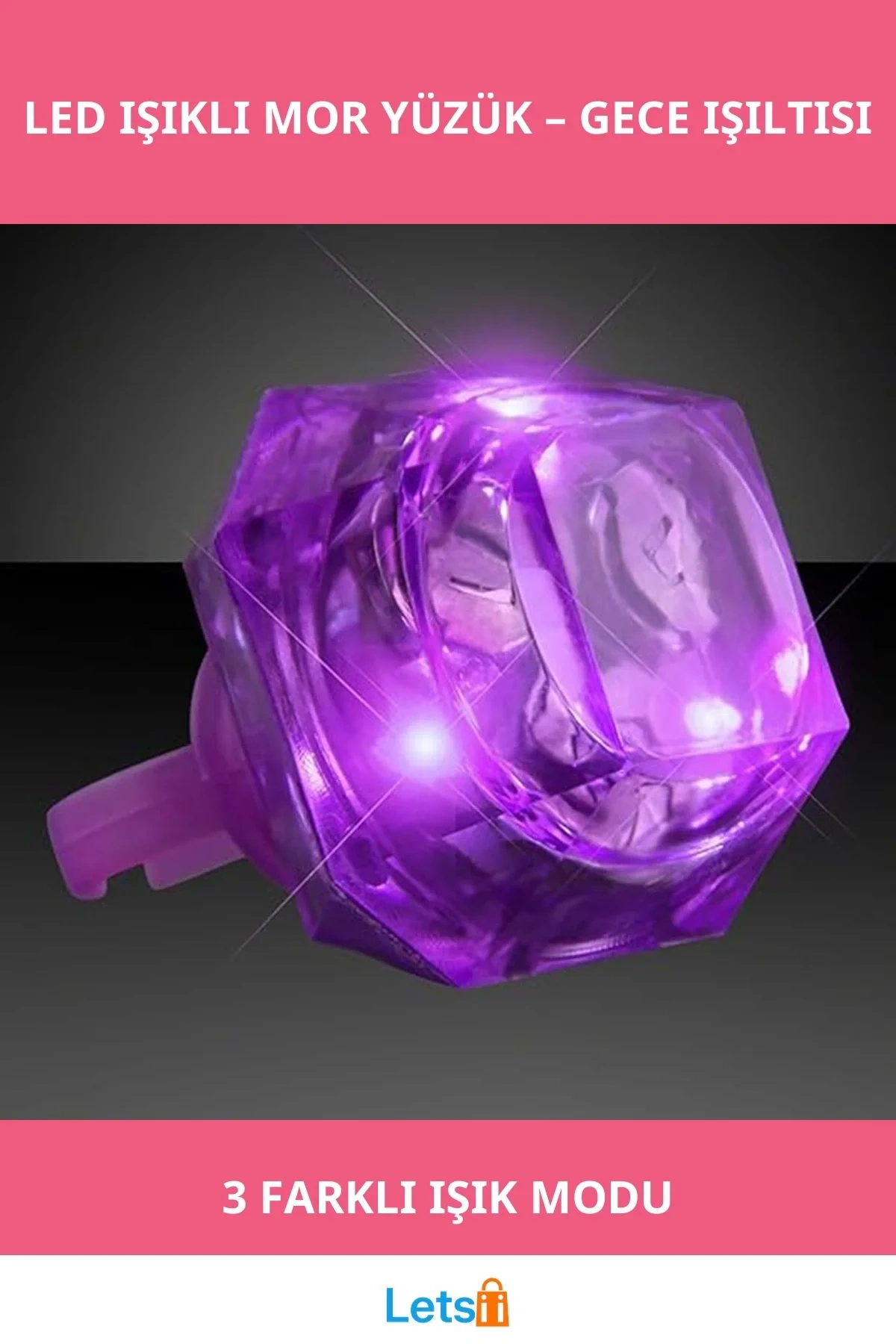 Kristal Tasarımlı LED Işıklı Mor Yüzük