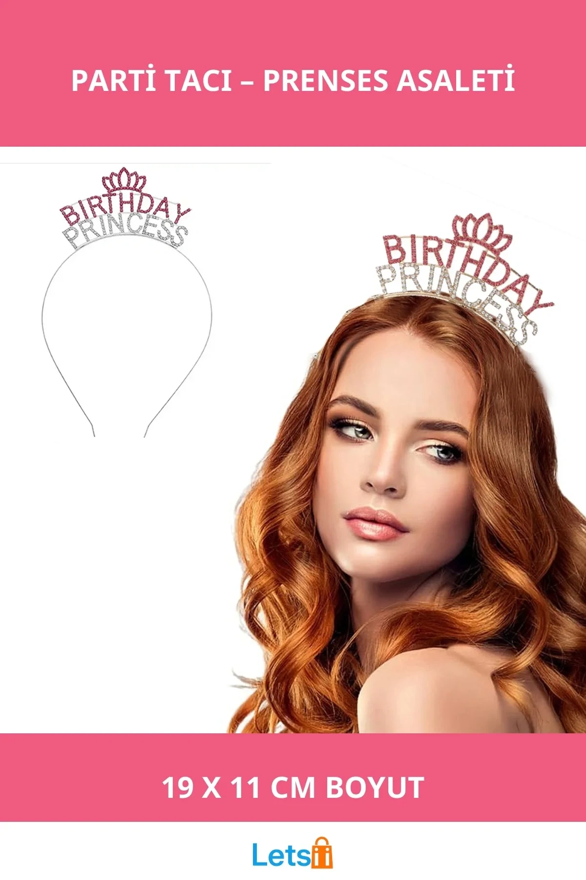 Kristal Taşlı Pembe Renk Birthday Princess Yazılı Parti Tacı 19x11 cm