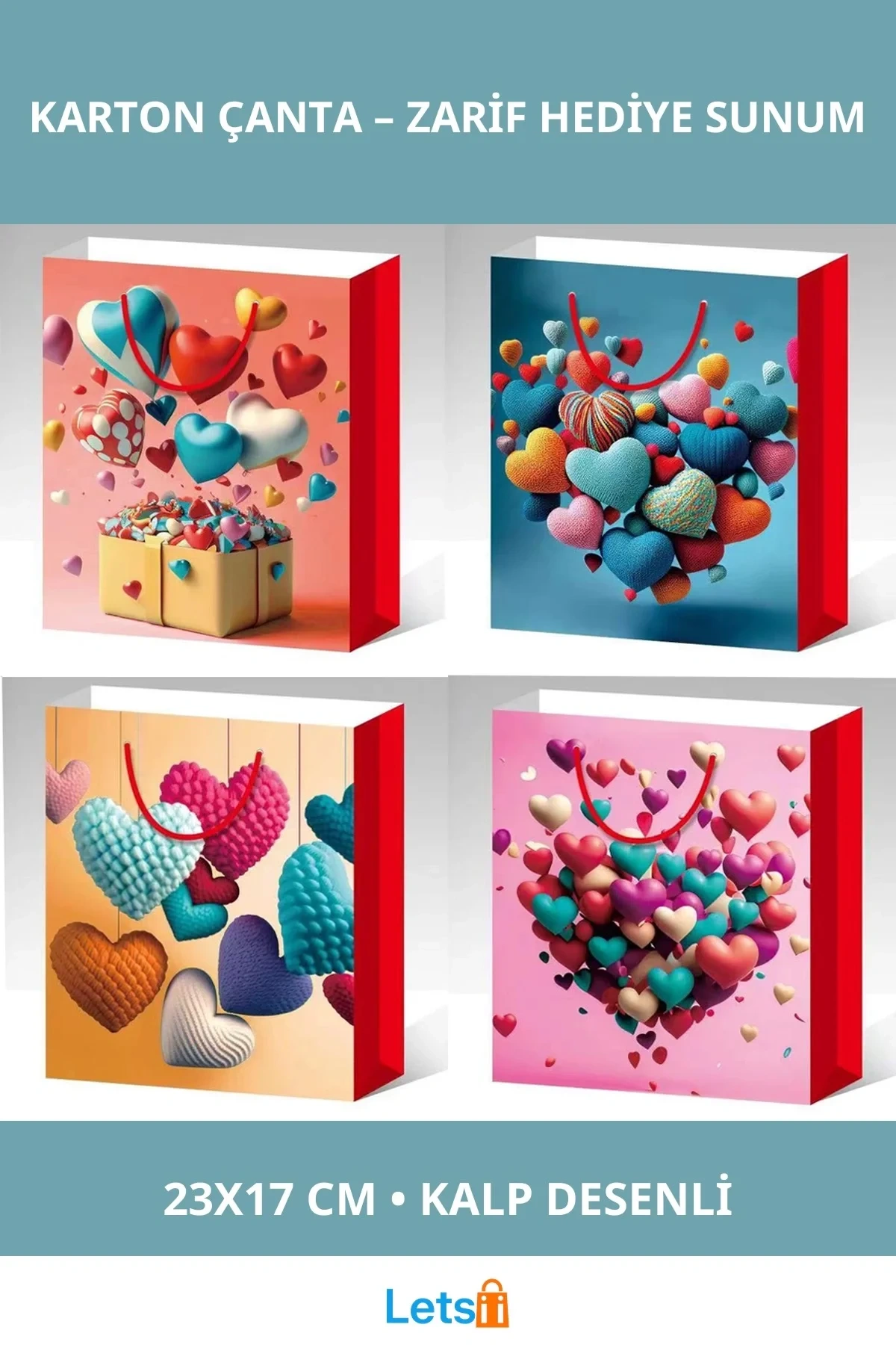 Küçük Boy Kalp Desenli Şık Karton Çanta 23x17 cm