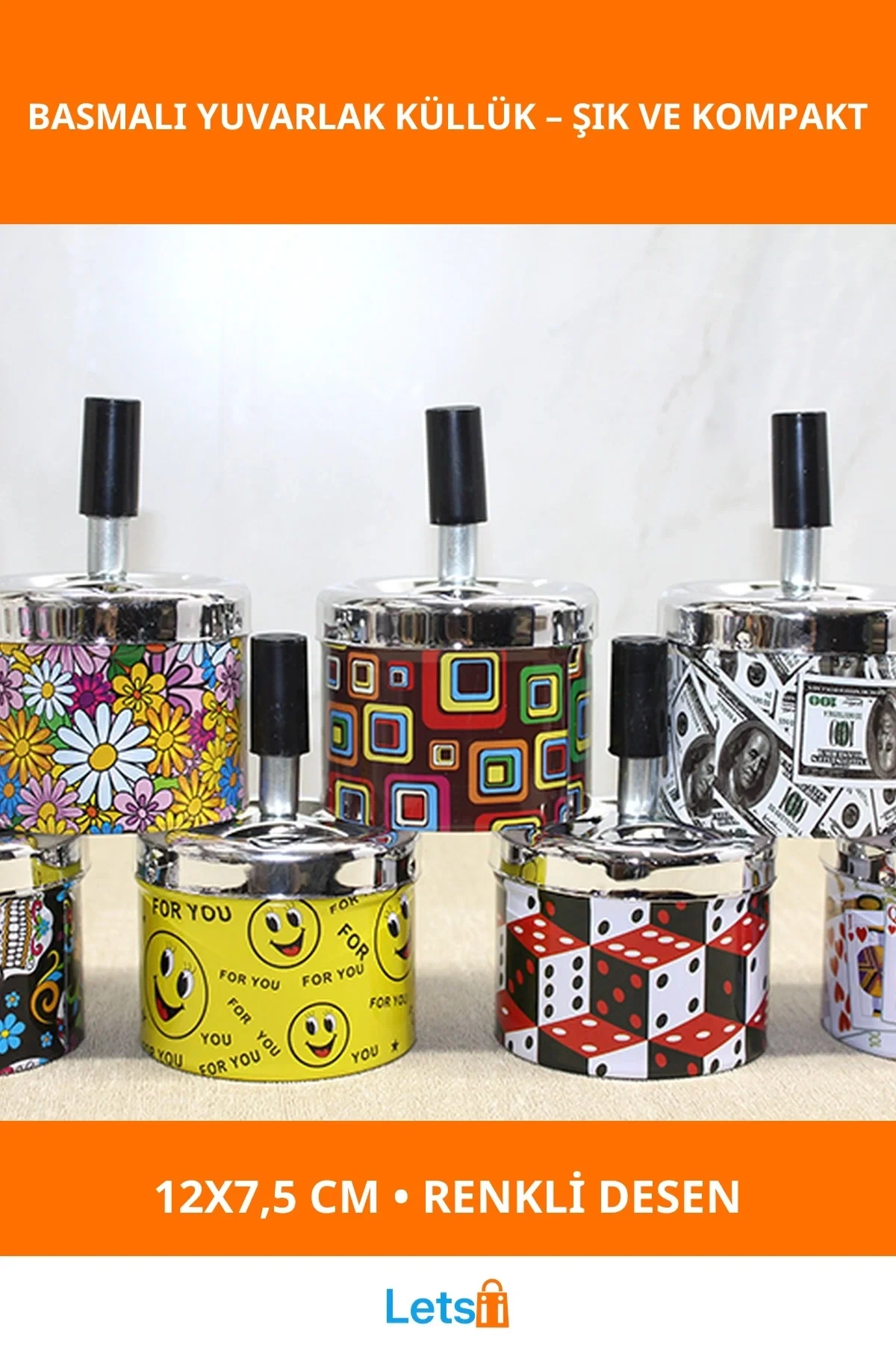 Küçük Boy Metal Renkli Basmalı Küllük Yuvarlak 12x7.5 cm