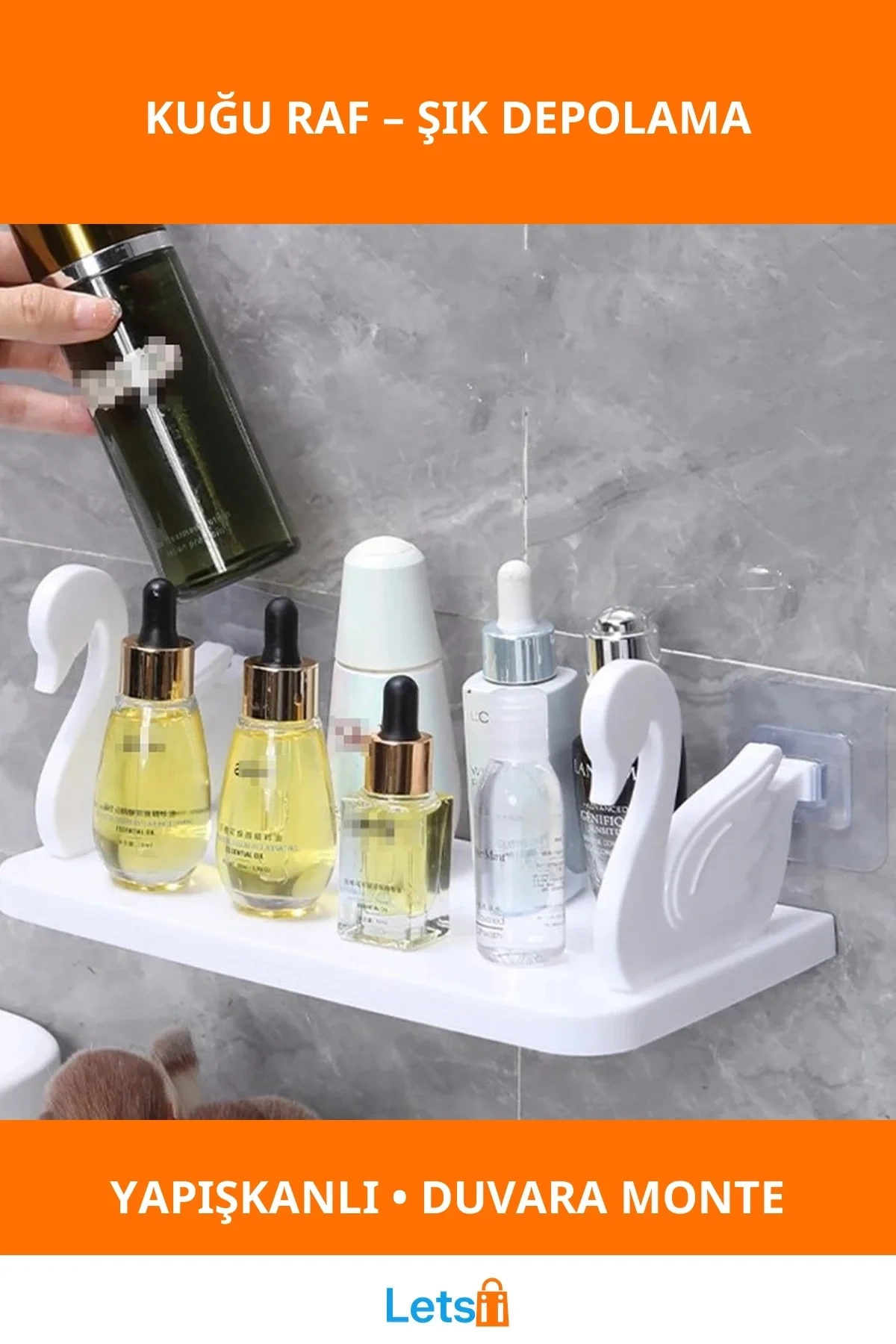 Kuğu Tasarımlı Kendinden Yapışkanlı Organizasyon Rafı 25x13 cm Beyaz