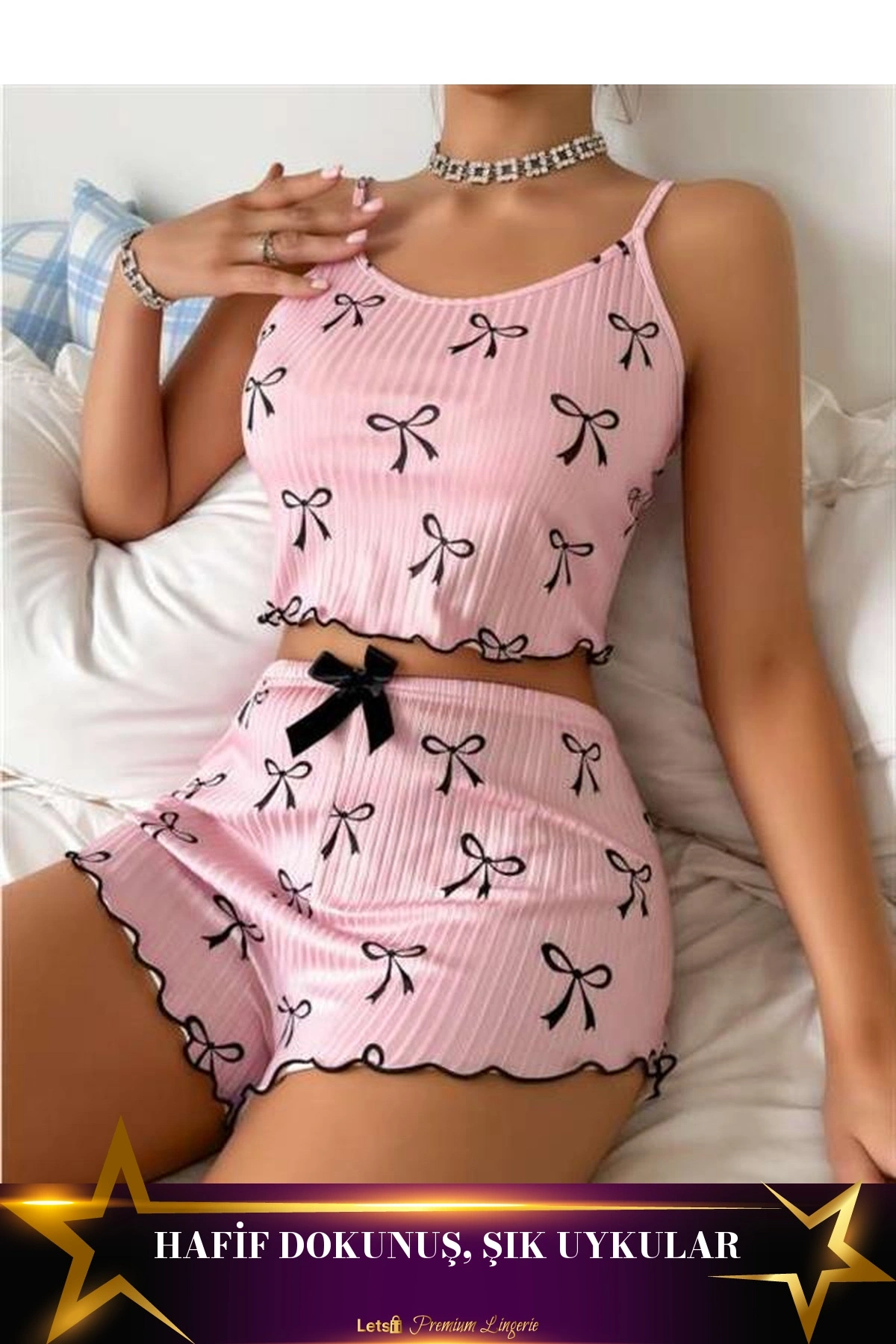 Kurdela Desenli Askılı Şortlu Pijama Takımı Standart Renk