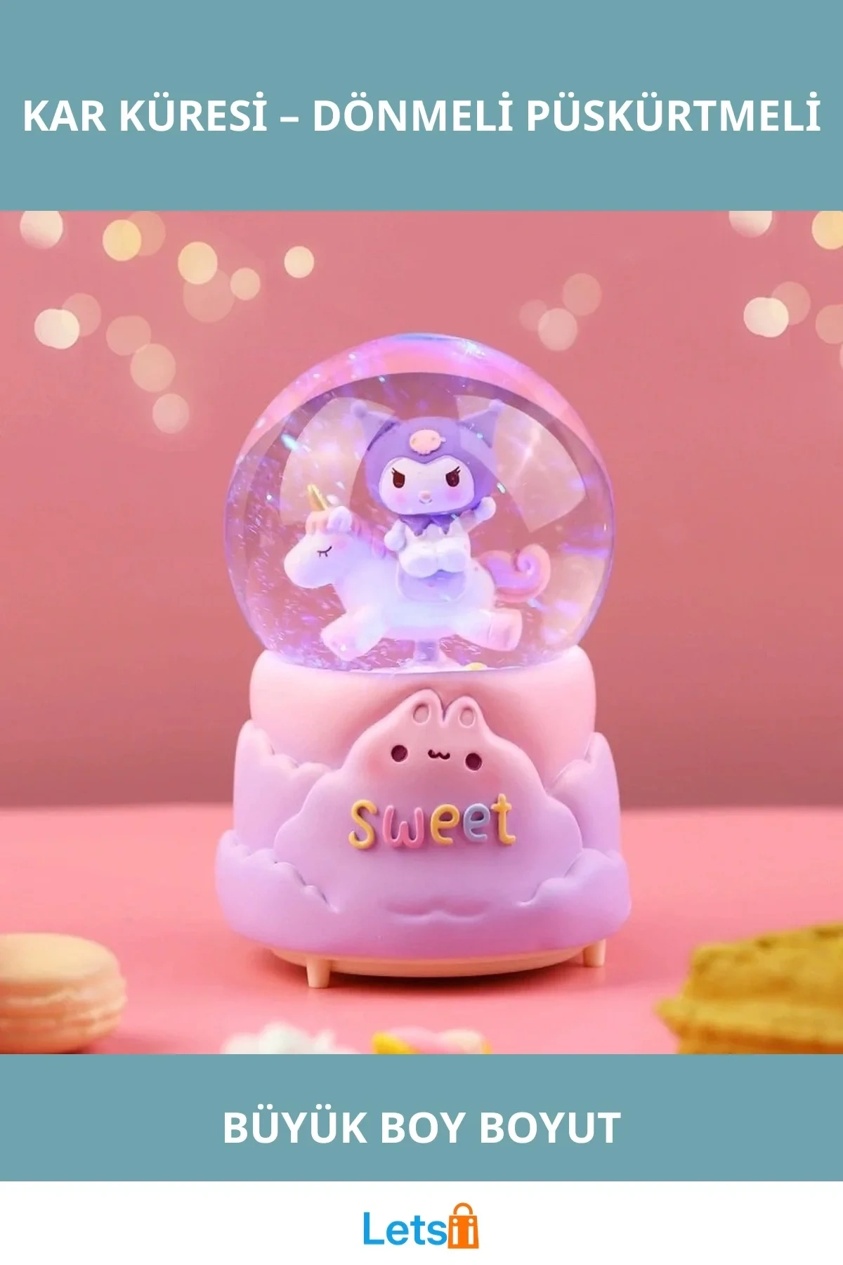 Kuromi İçi Dönmeli Işıklı Müzikli Kar Küresi Büyük Boy