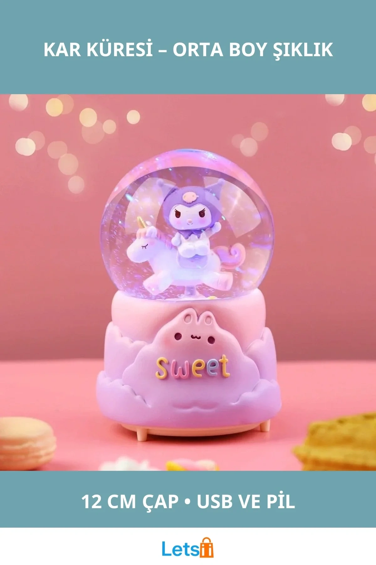 Kuromi Işıklı Müzikli Kar Küresi Orta Boy 12 cm