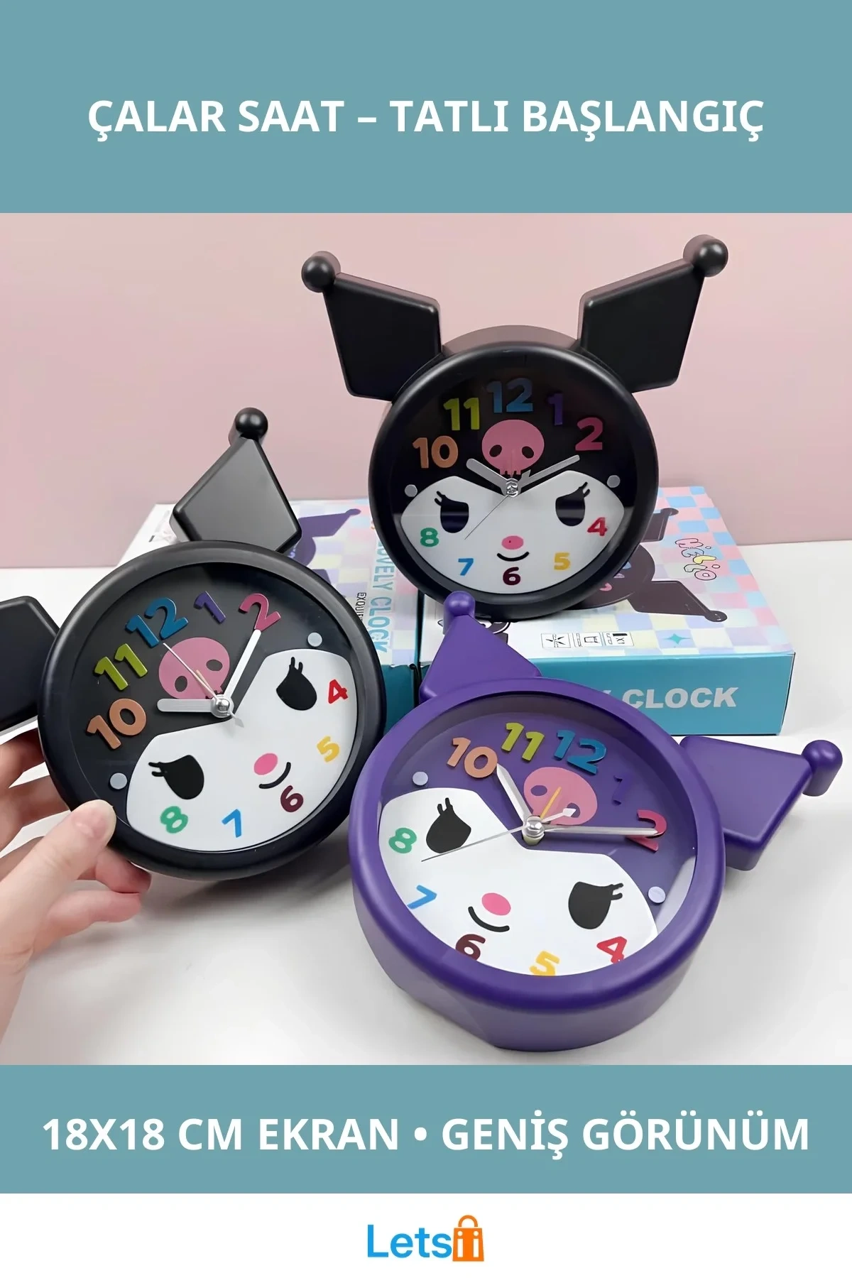 Kuromi Tasarımlı Şık Masa Üstü Çalar Saat 18x18 cm