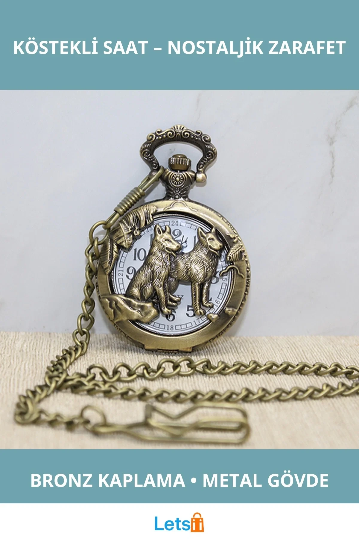 Kurt Tasarımlı Bronz Kaplama Nostaljik Köstekli Saat