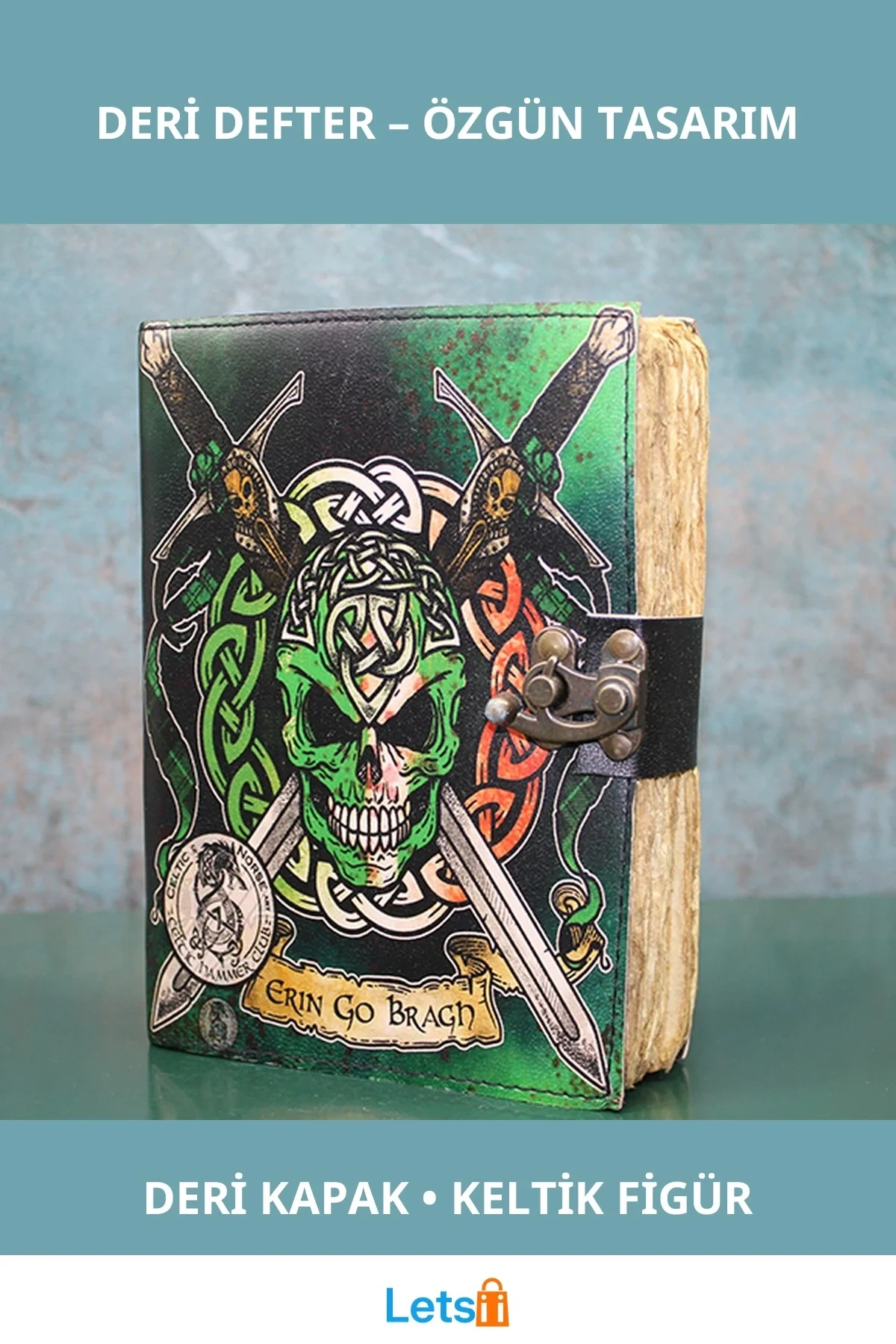 Kurukafa Deri Defter Kılıç ve Keltik Sembollerli El Yapımı Defter