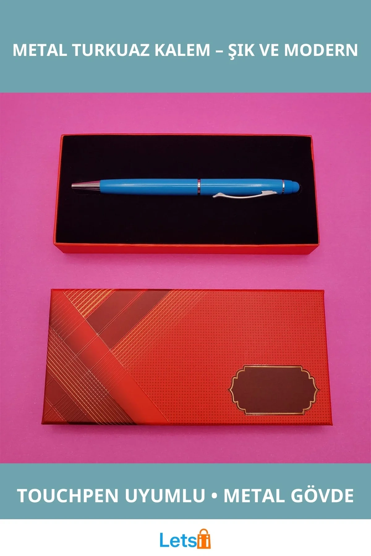 Kutulu Metal Turkuaz Tükenmez Dokunmatik Kalem