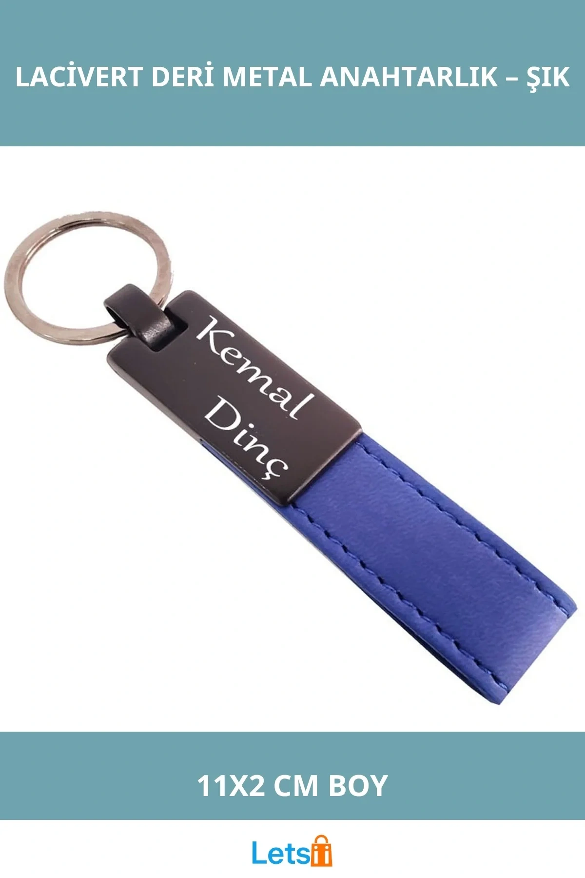 Lacivert Deri Metal Kişiye Özel Anahtarlık 11x2 cm