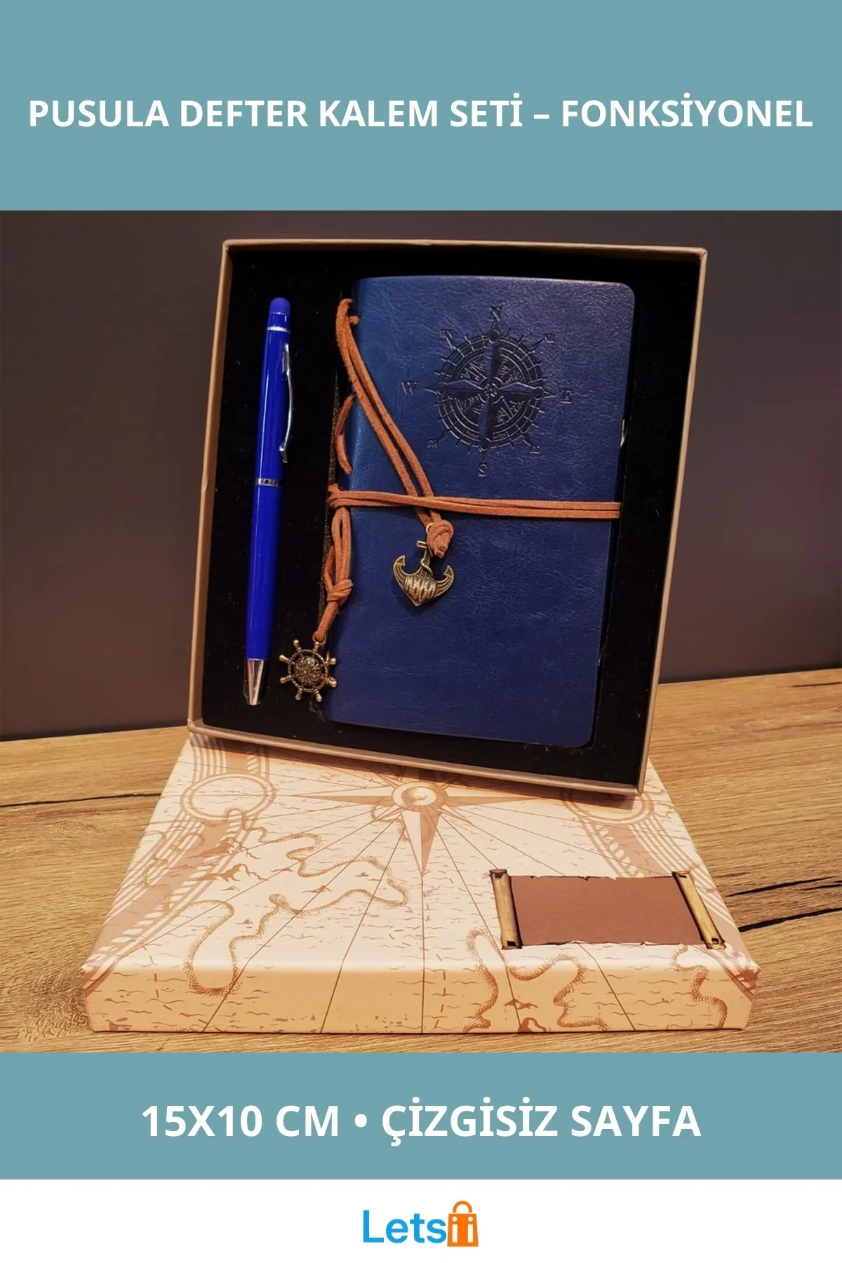 Lacivert Pusula Tasarım Deri Defter Metal Tükenmez Kalem