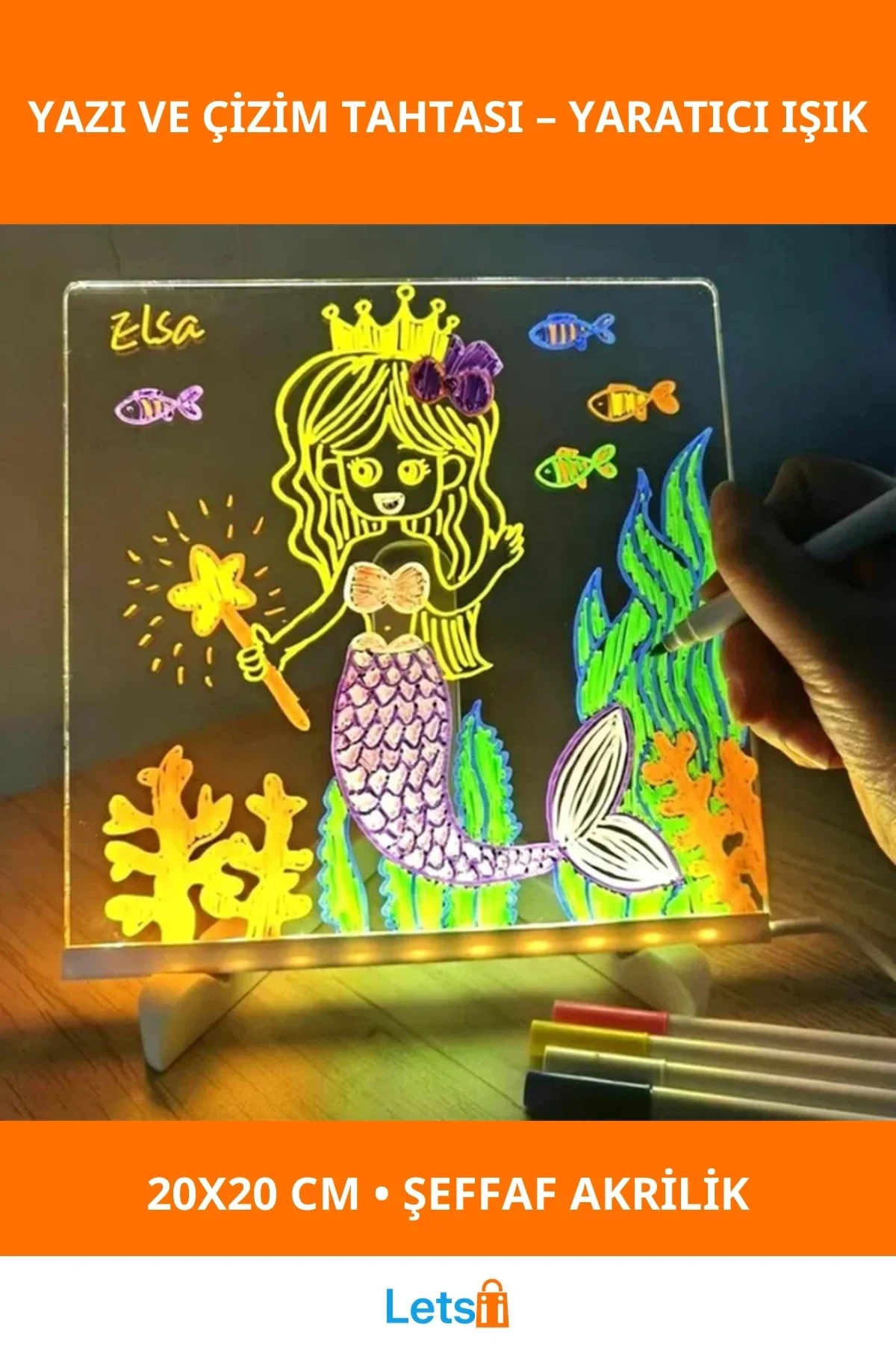 LED Aydınlatmalı Tahta Yazı ve Çizim 20x20 cm Küçük Boy