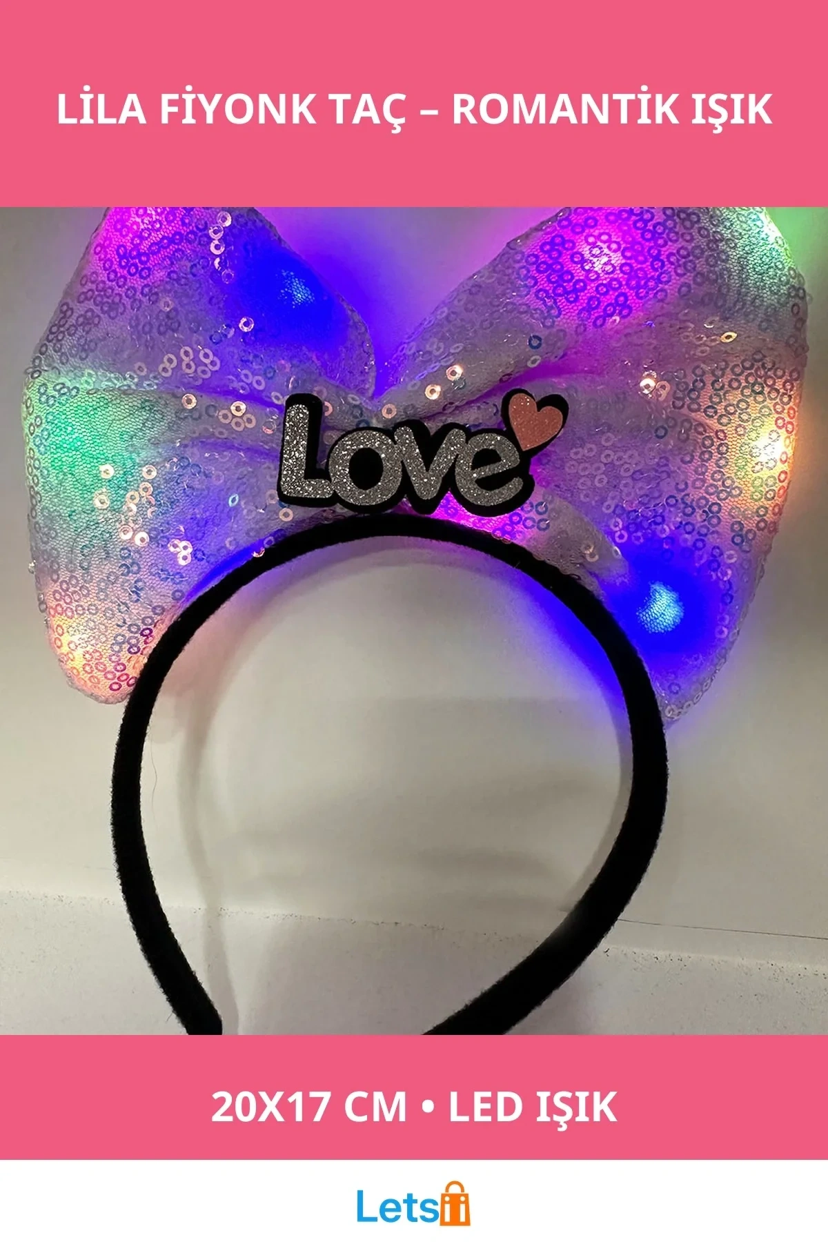 LED Işıklı Gümüş LOVE Yazılı Lila Fiyonk Taç