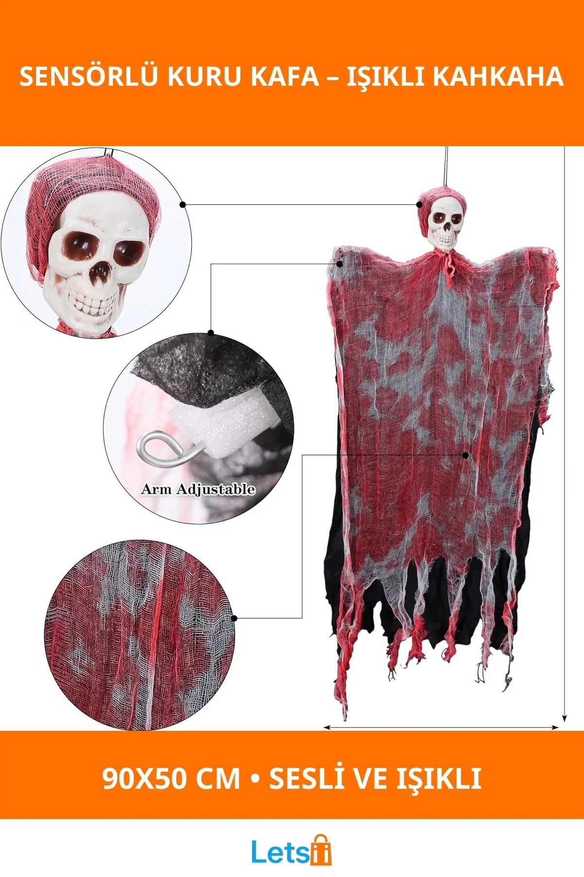 LED Işıklı Kahkaha Atan Sesli Sensörlü Kuru Kafa