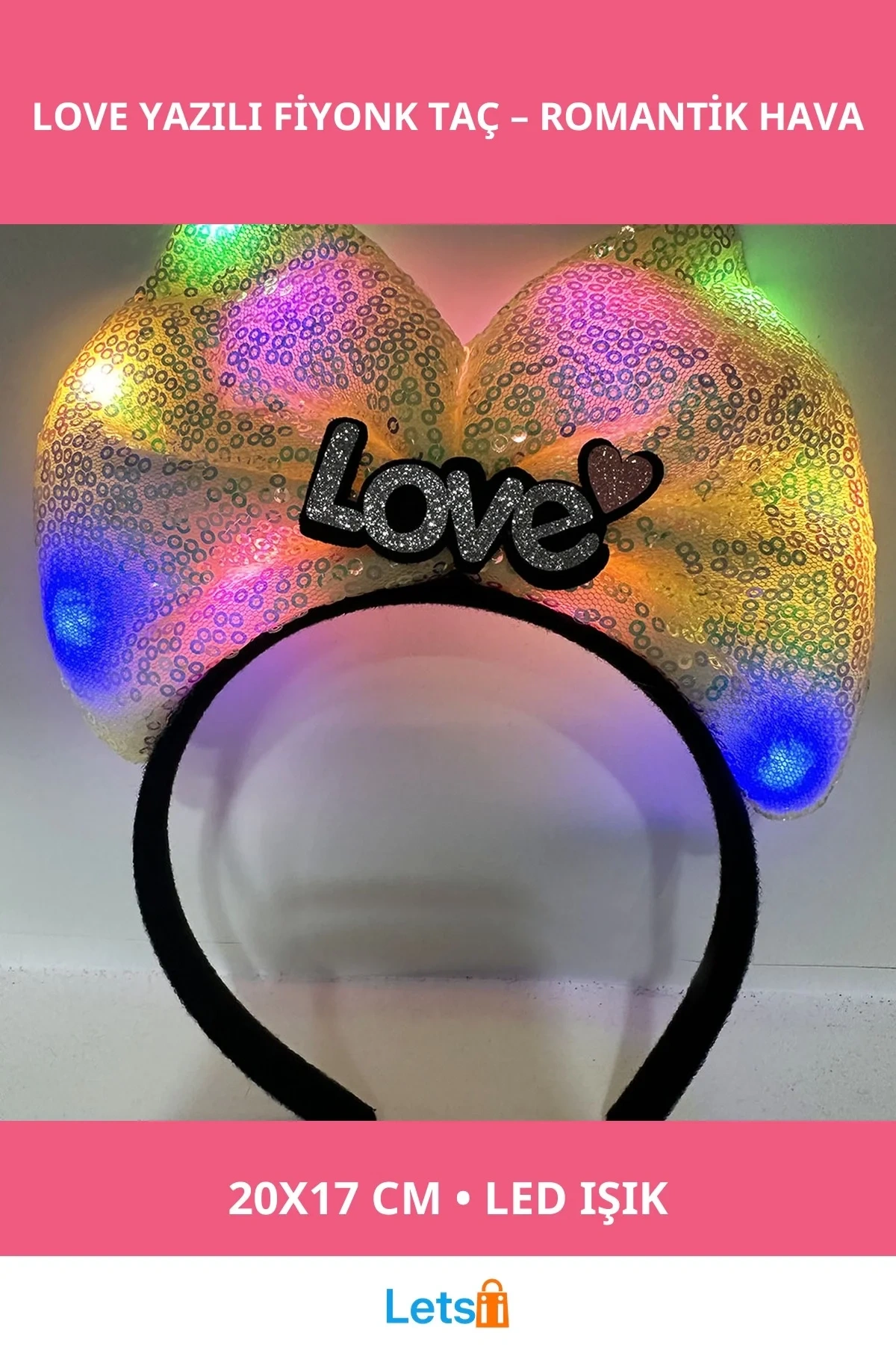 LED Işıklı Romantik Love Yazılı Fiyonk Taç 20x17 cm