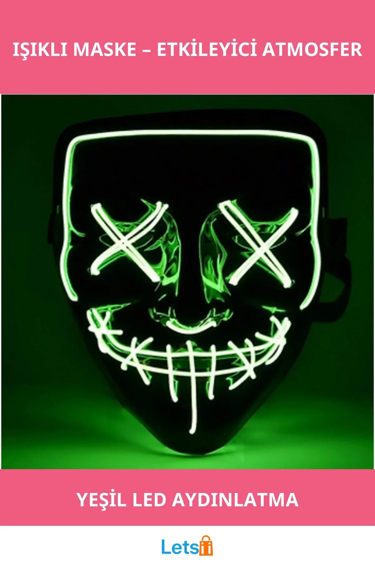 LED Işıklı Yeşil Maske Eğlenceli Performans ve Parti Aksesuarı