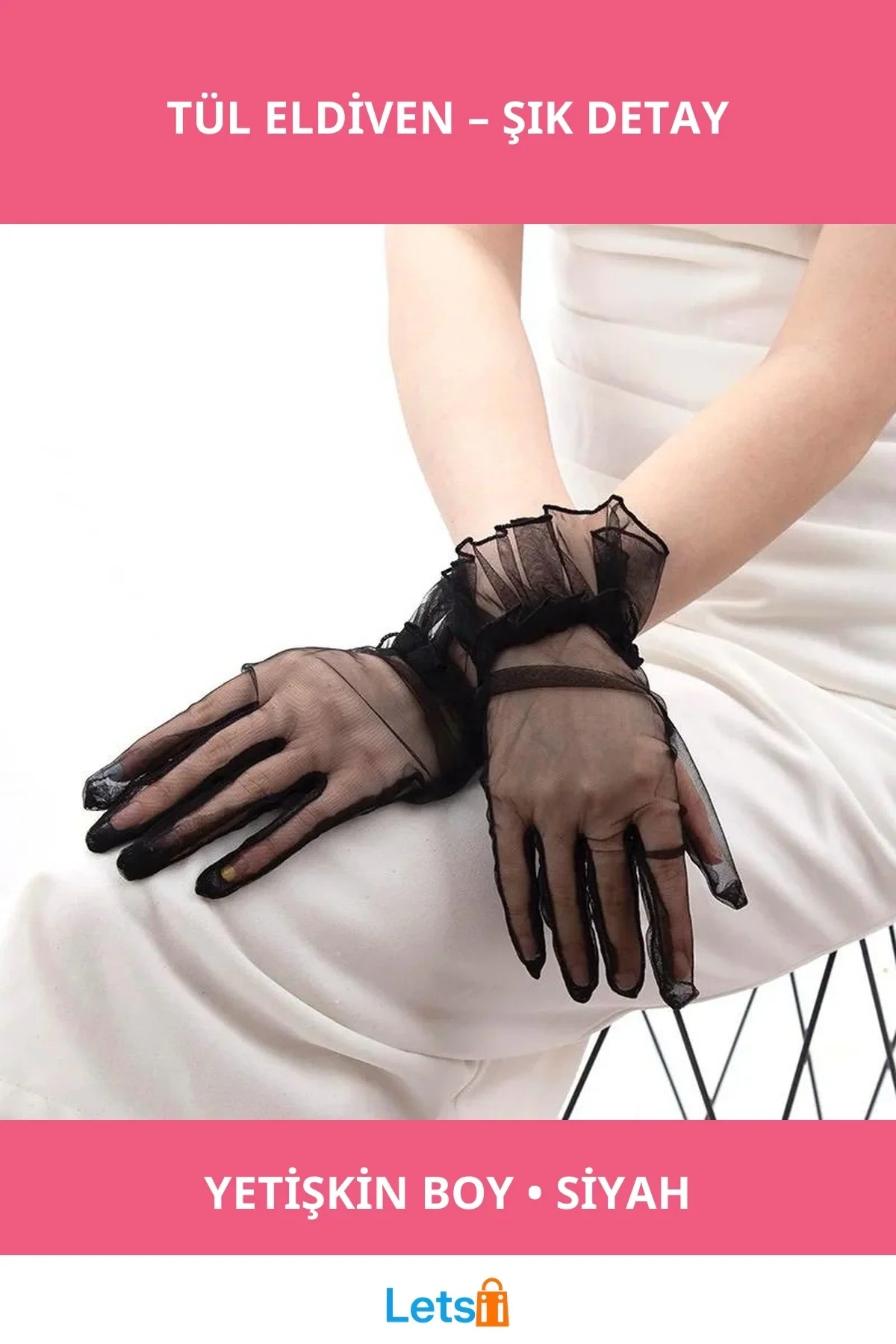 Likralı Güpürlü Siyah Tül Eldiven