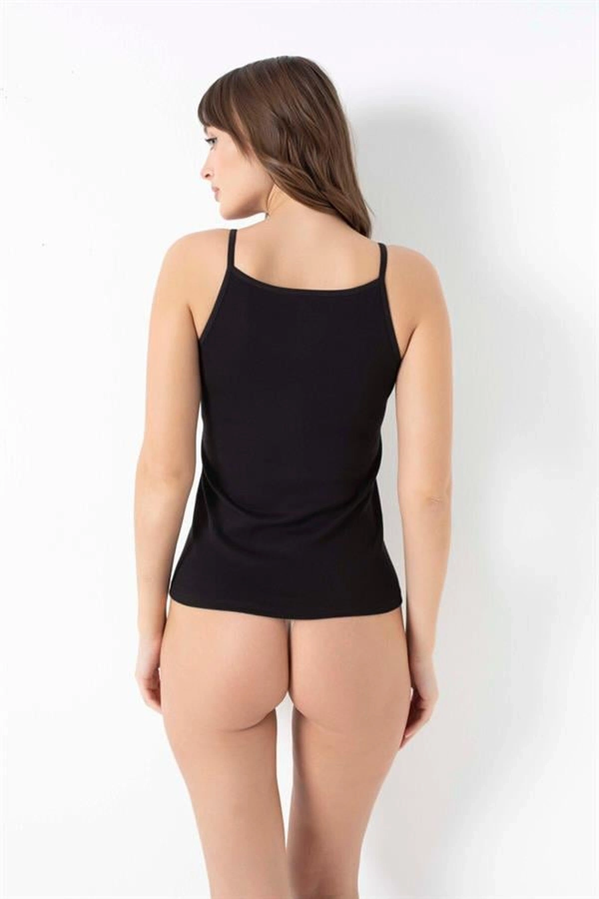 Likralı Pamuklu İnce İp Askılı Atlet Siyah Renk