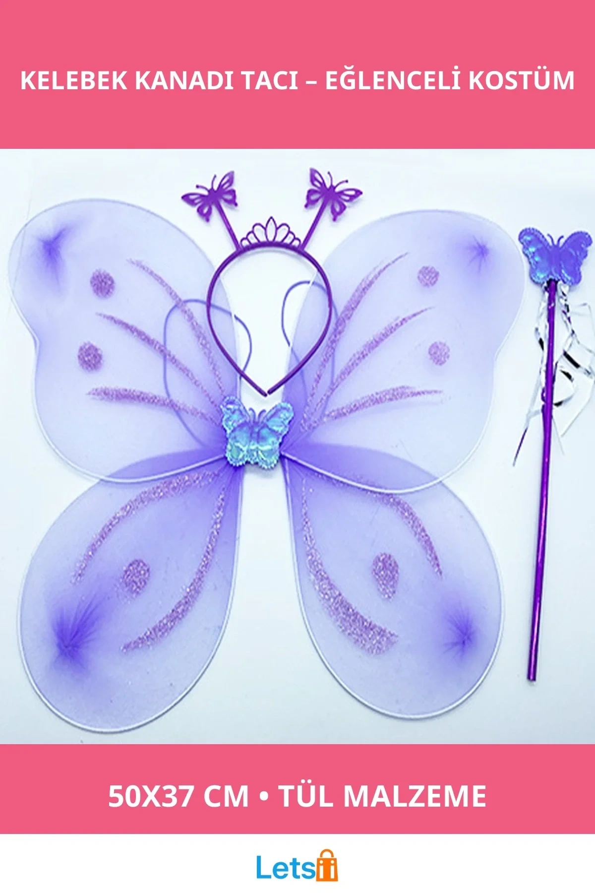 Lila Renk Kelebek Kanadı Tacı ve Sopası Parti Aksesuarı