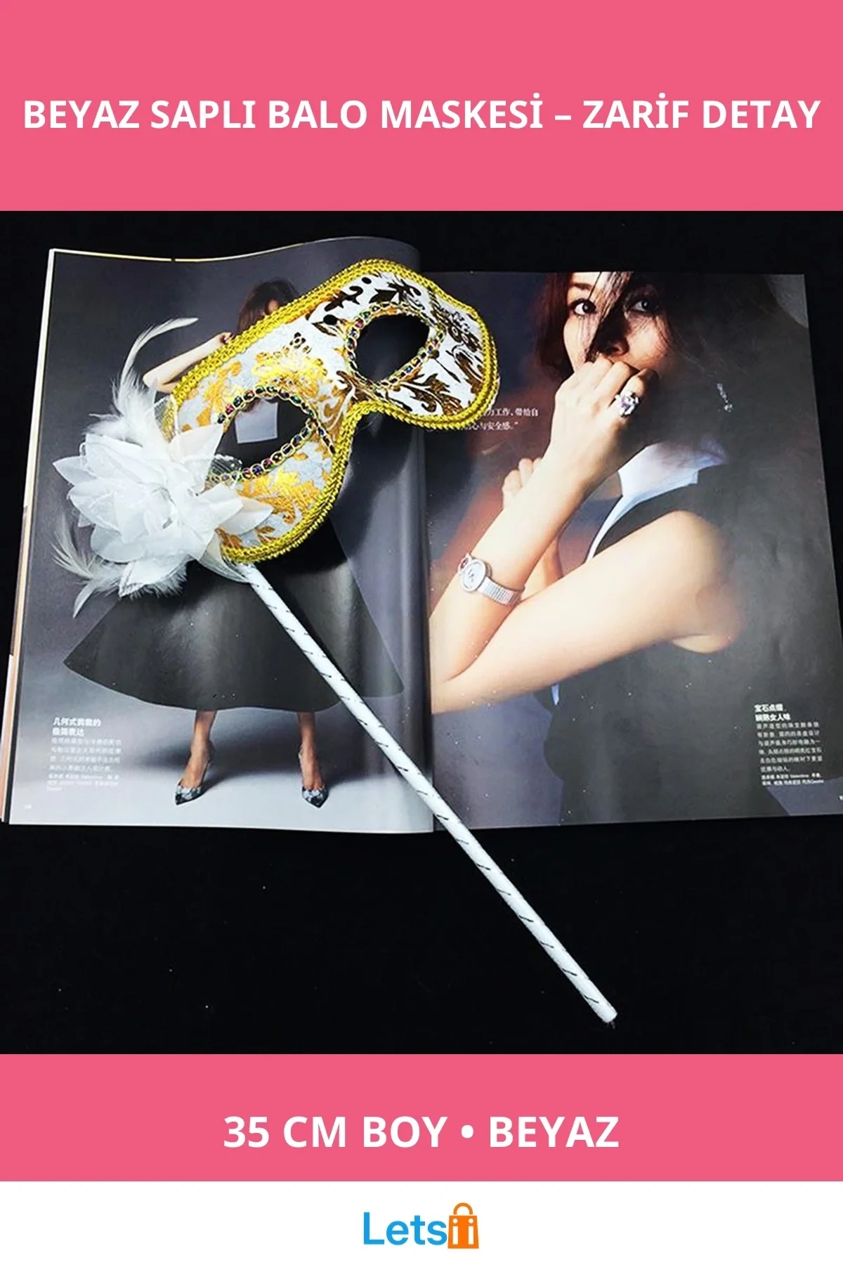 Lüks Taşlı Beyaz Renk Balo Maskesi 35 cm