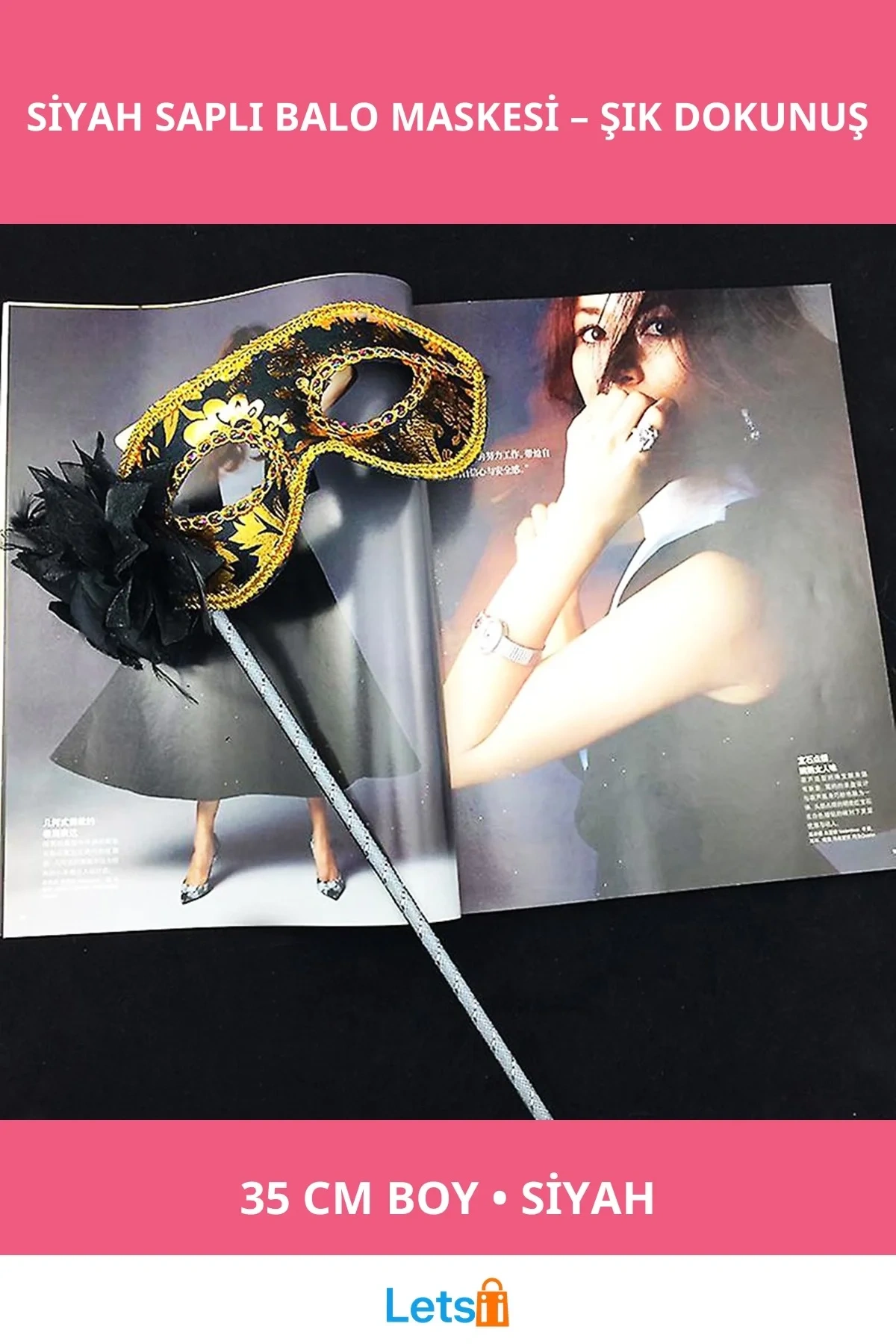 Lüks Taşlı Siyah Balo Maskesi 35cm