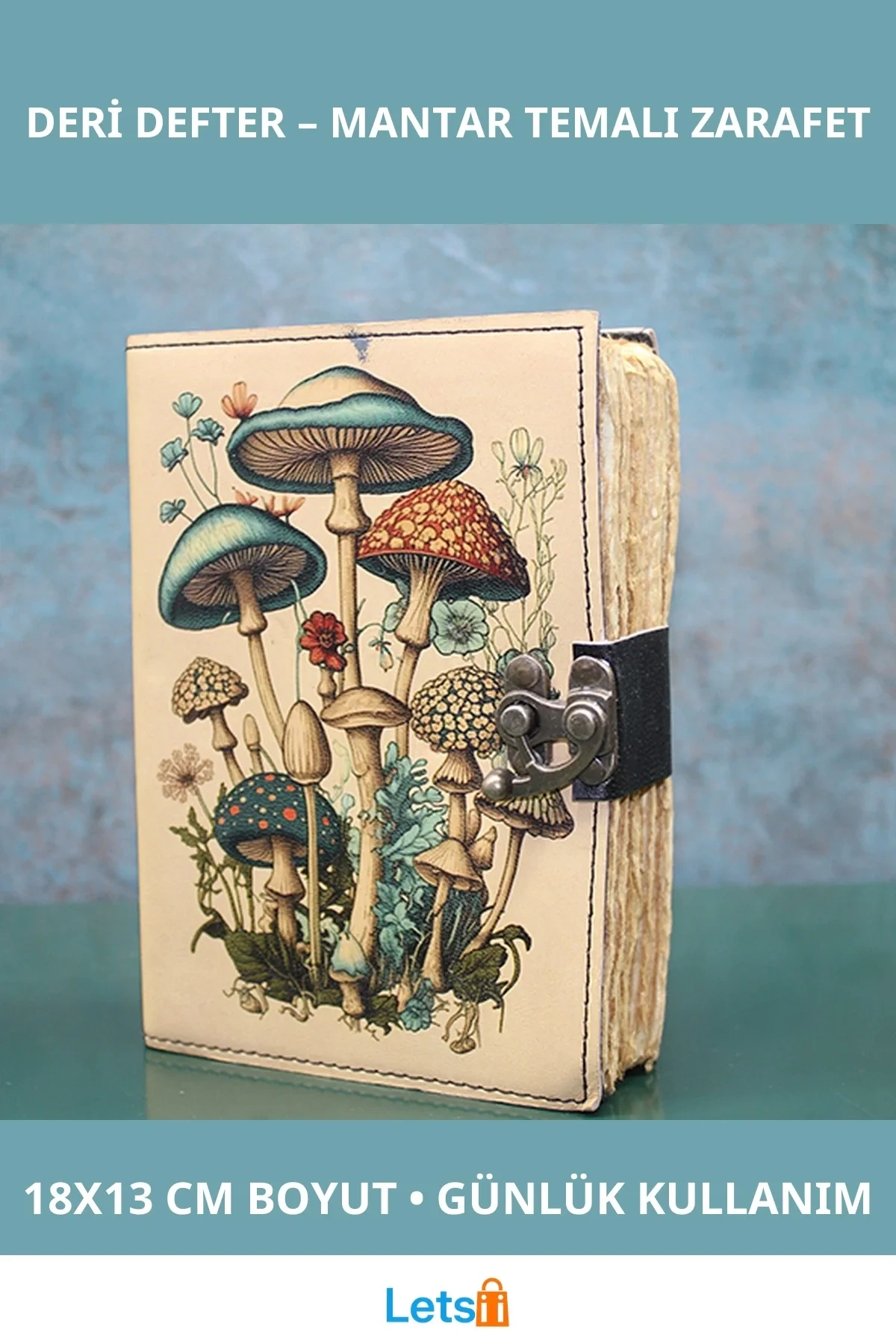 Mantar Temalı Deri Defter 18x13 cm Şık Tasarım