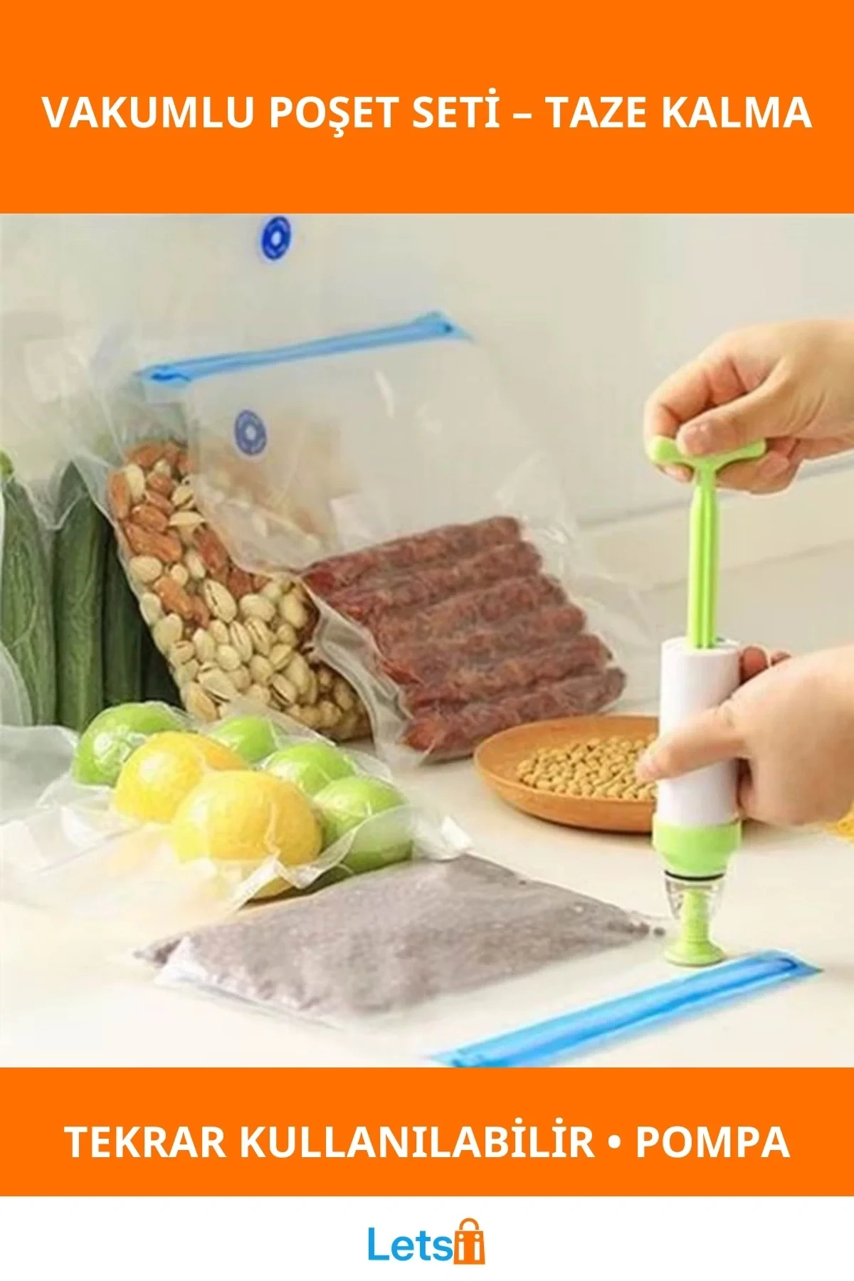 Manuel Vakumlu Gıda Saklama Poşeti ve Pompa Seti Taze Kalma Garantisi