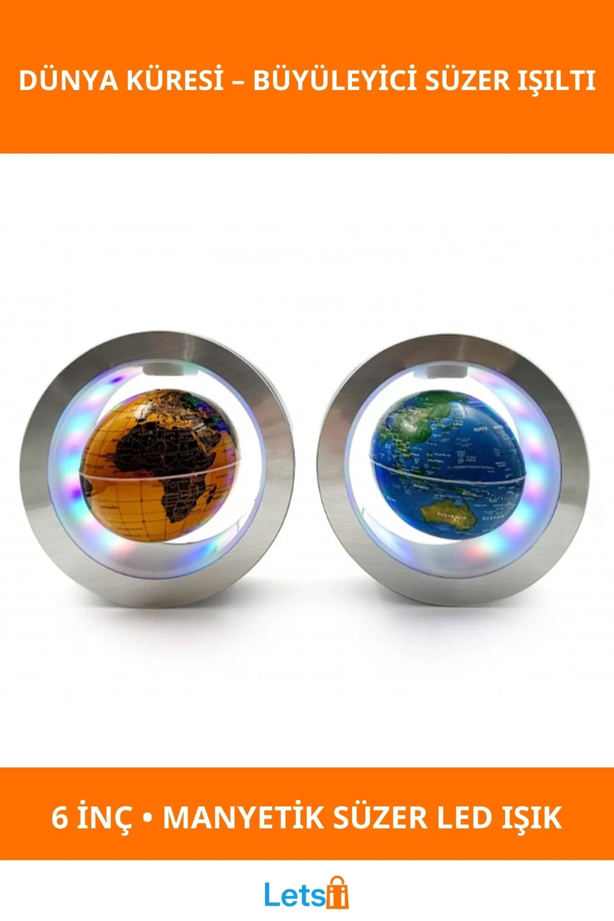 Manyetik Yuvarlak LED Işıklı Dünya Küre 6 İnç Dekoratif Obje