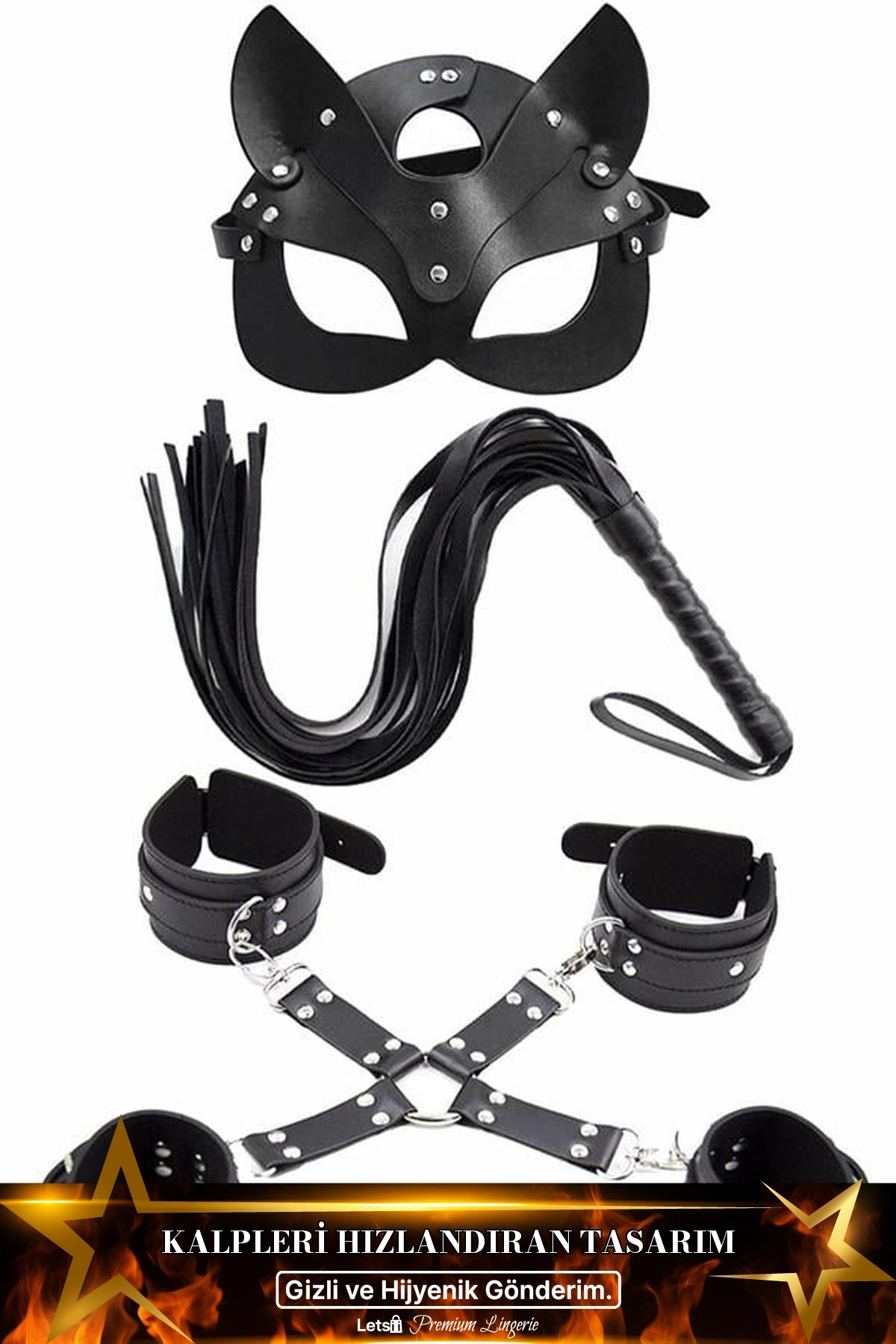 Maske Kırbaç Bileklik Harness Deri Seti Siyah Renk