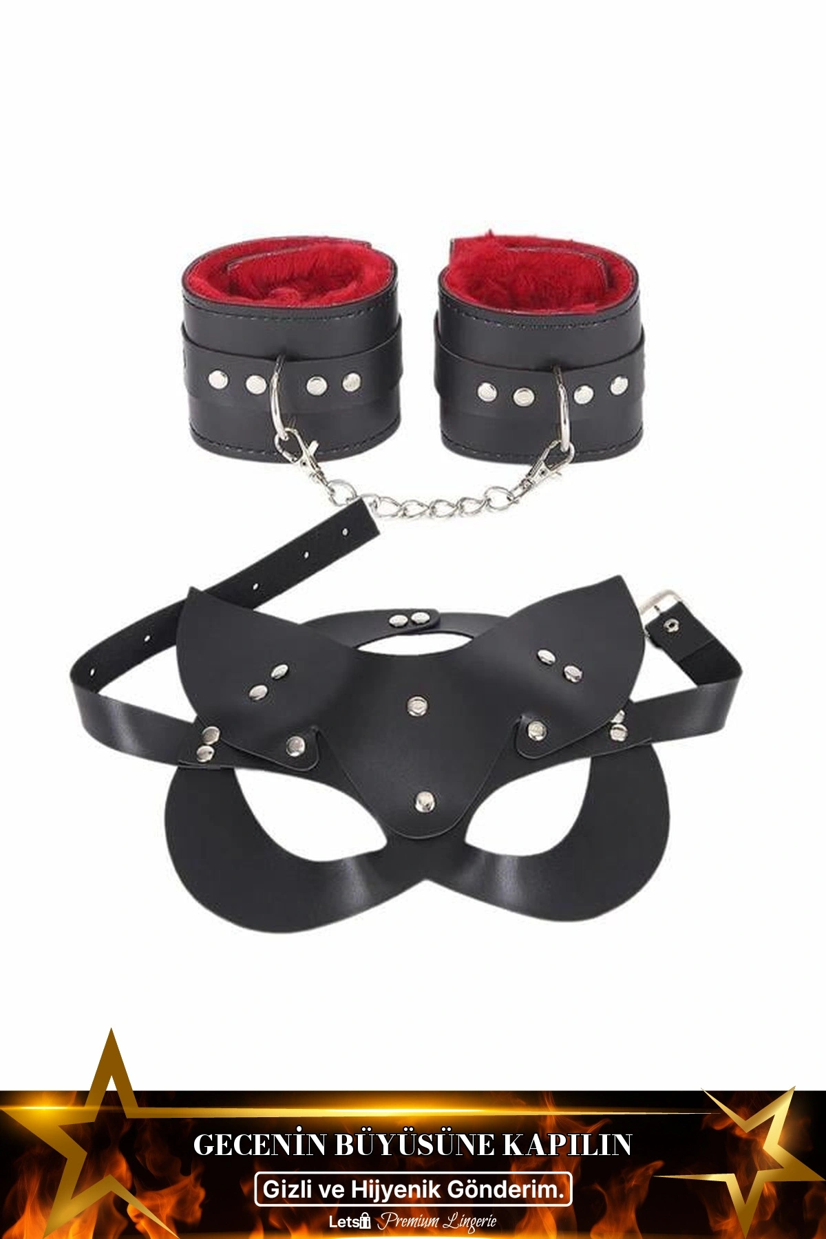 Maske Ve Kelepçe Deri Harness Fantezi Seti Siyah Renk