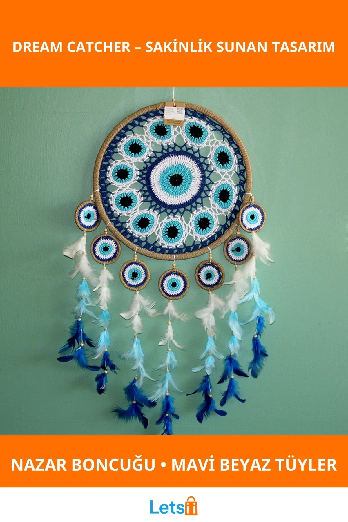 Mavi Beyaz Tüy ve Nazar Boncuğu Detaylı Rüya Kapanı Dream Catcher