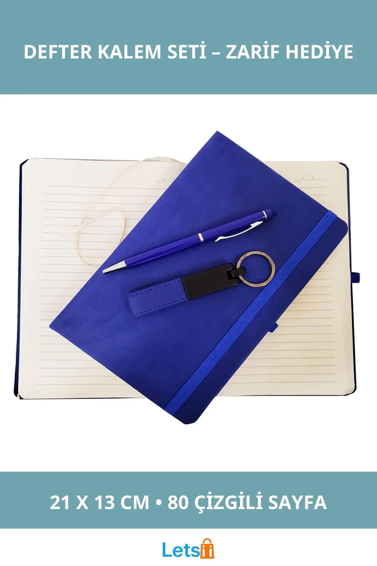 Mavi Deri Kapaklı Çizgili Defter, Metal Anahtarlık ve Dokunmatik Tükenmez Kalem