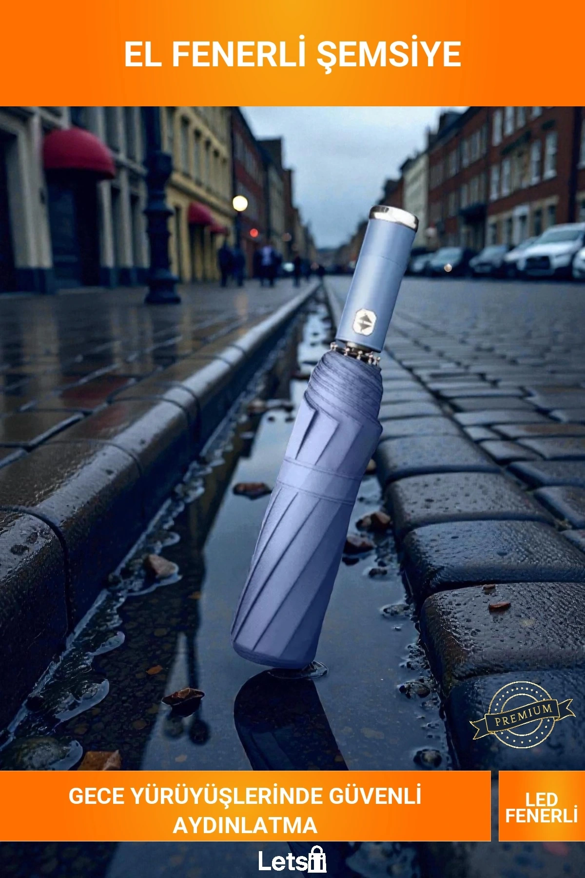 Mavi El Fenerli Saplı Katlanabilir Rüzgar Dirençli 100 cm Geniş Seyahat Şemsiyesi