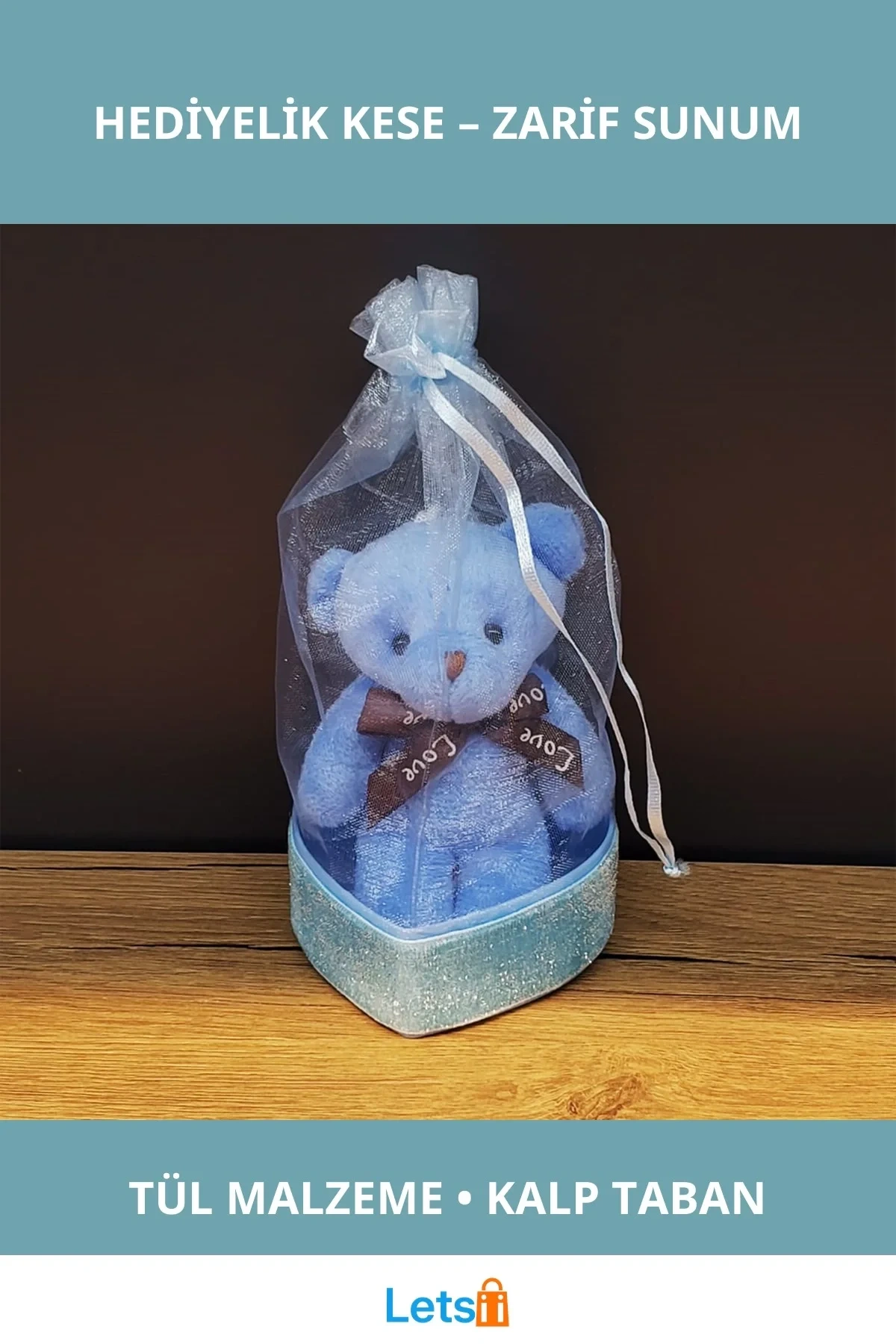 Mavi Hediyelik Kese İçinde Peluş Ayıcık