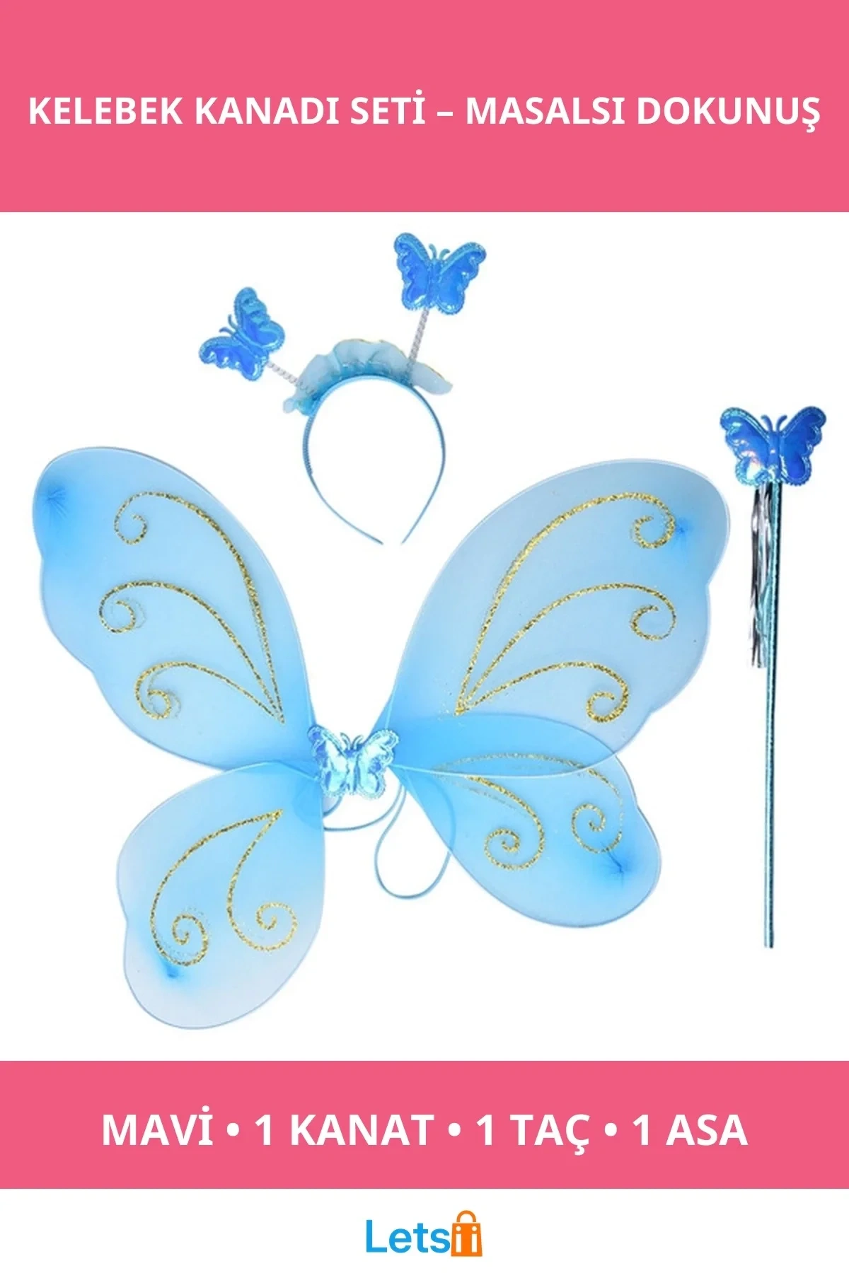 Mavi Kelebek Kanadı Taç ve Asa Seti Çocuklar İçin