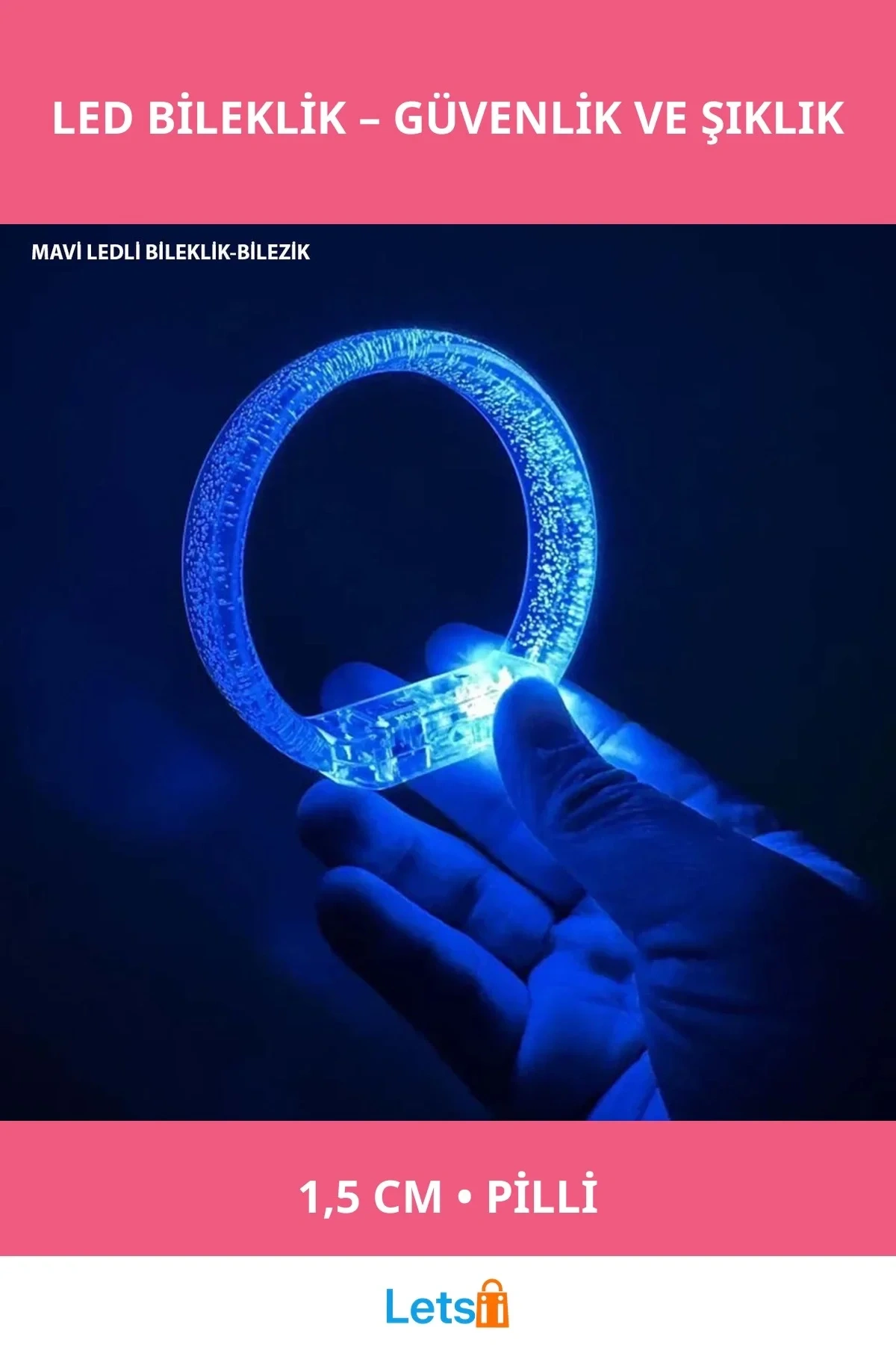 Mavi LED Işıklı Pilli Baskı Yapılabilen Bileklik Bilezik 1,5 cm