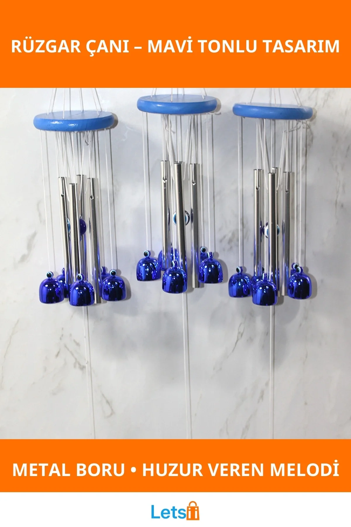 Mavi Metal Rüzgar Çanı Nazarlık ve Mistik Sembollerle Süslenmiş Bahçe Dekorasyonu
