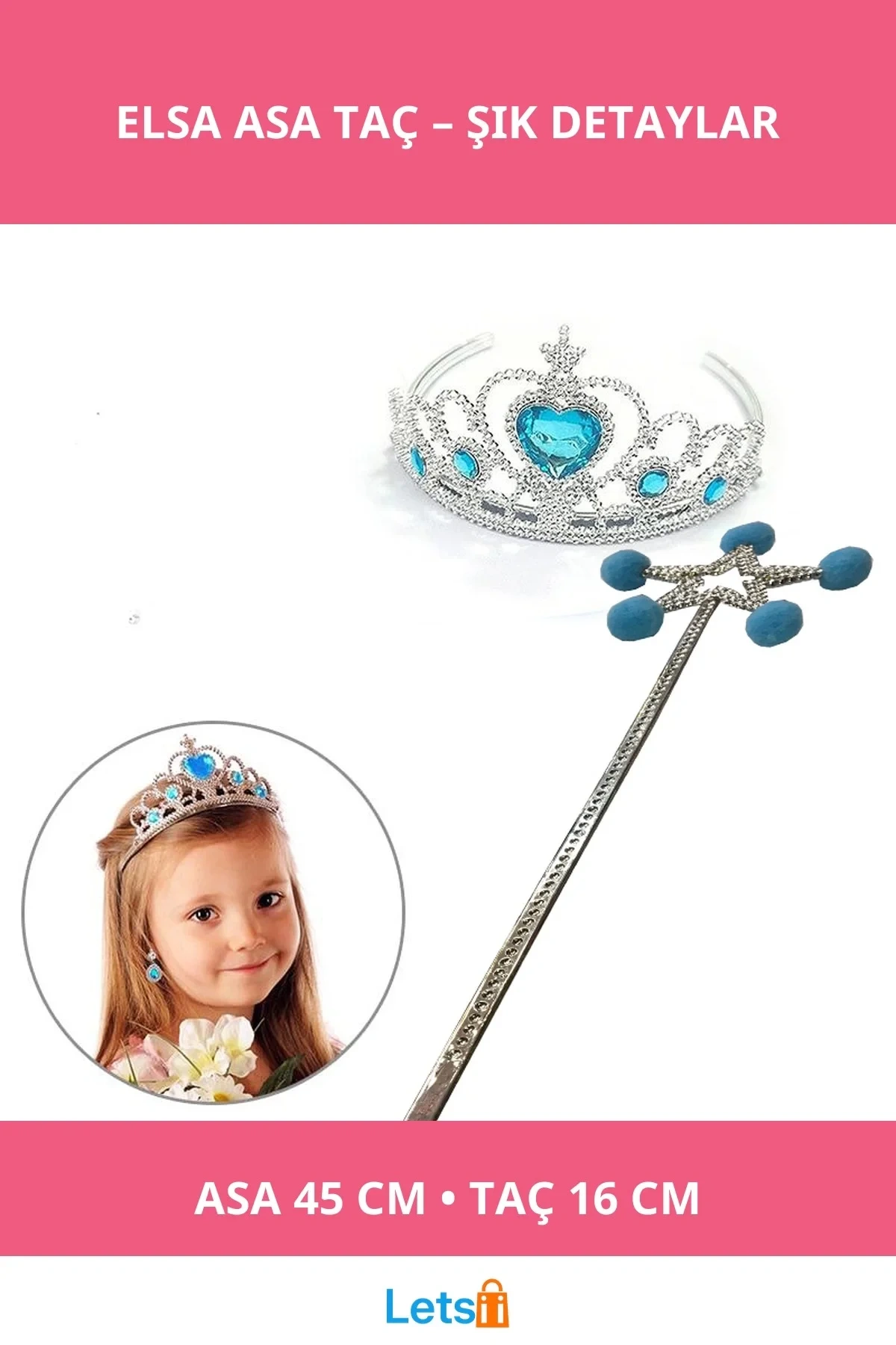 Mavi Ponponlu Elsa Asası ve Kalp Taşlı Elsa Tacı